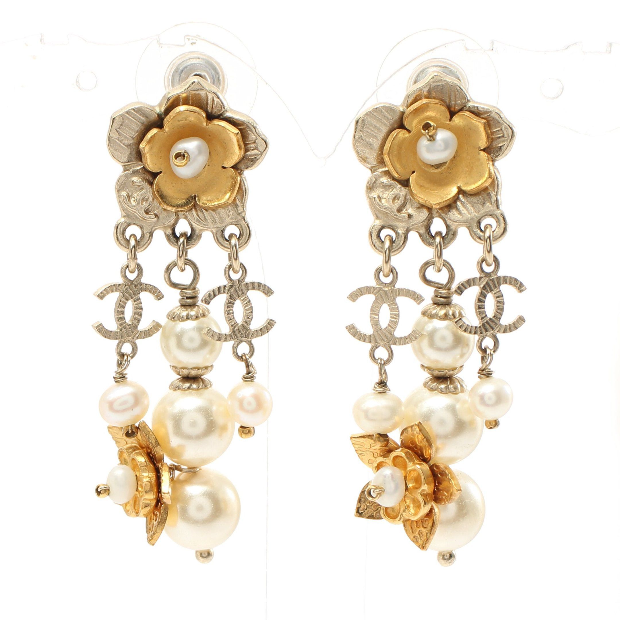 image of Chanel Coco Mark Flower Earrings Gp Fake Pearl Gold Off White A18C, Women's