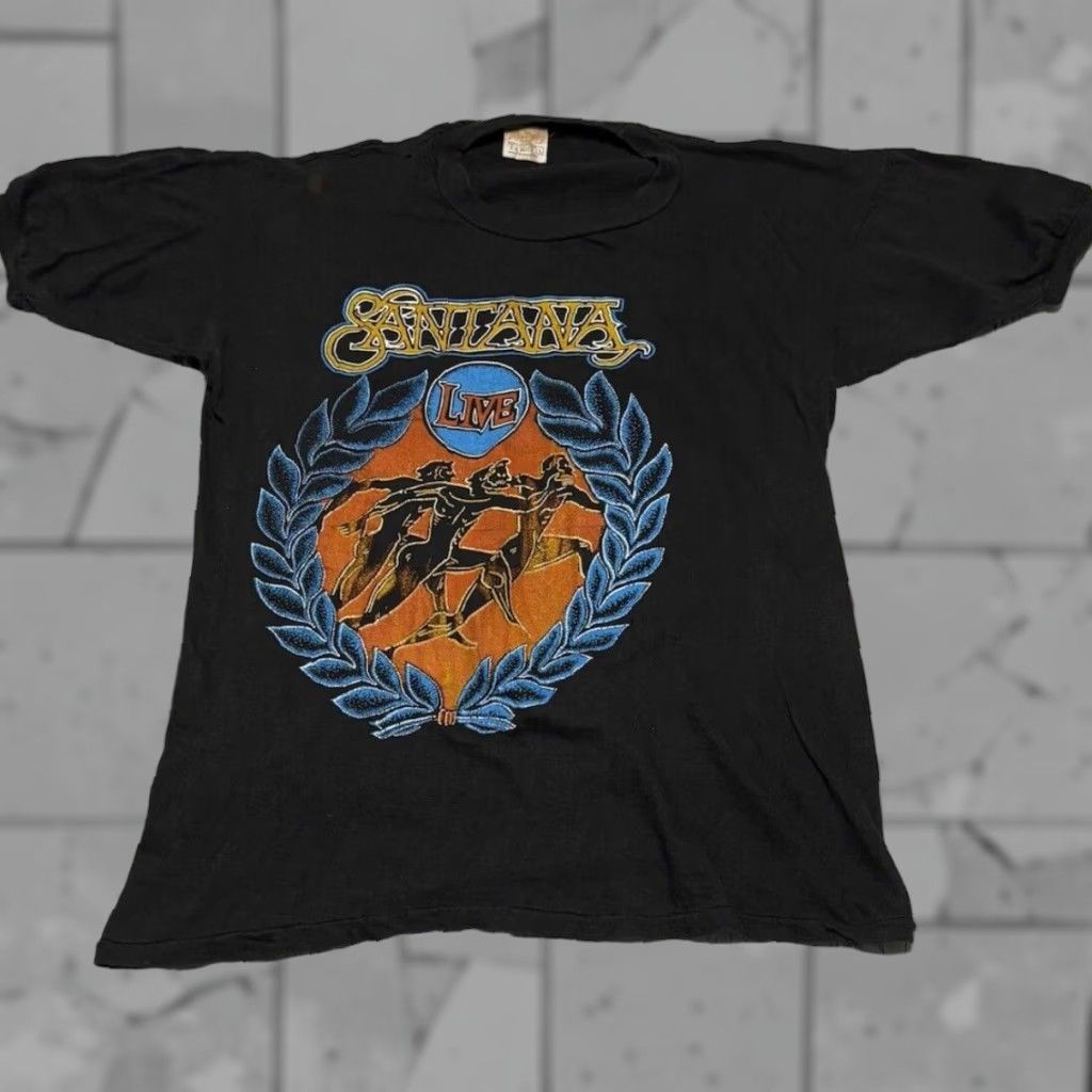 VINTAGE Carlos Santana T-Shirt 70s Concert Band Short Sleeve Small