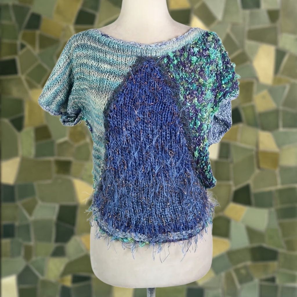 Vintage VINTAGE 90s Blue Sweater Knit Short Sleeve Patchwork Shaggy Eyelash M Womens Size M / US 6-8 / IT 42-44 - 1 Thumbnail