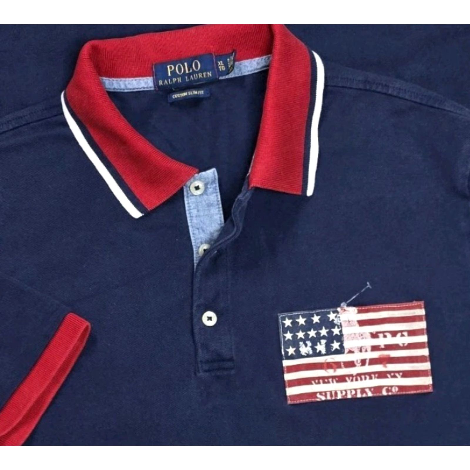 Polo Ralph Lauren Polo Ralph Lauren Mens USA Flag Rugby Polo Shirt XL Slim Blue Red Dipped Polo Shirt USA Flag Rugby Polo XL Slim Blue Red Col­lar Logo Embroidered Size US XL / EU 56 / 4 - 2 Thumbnail