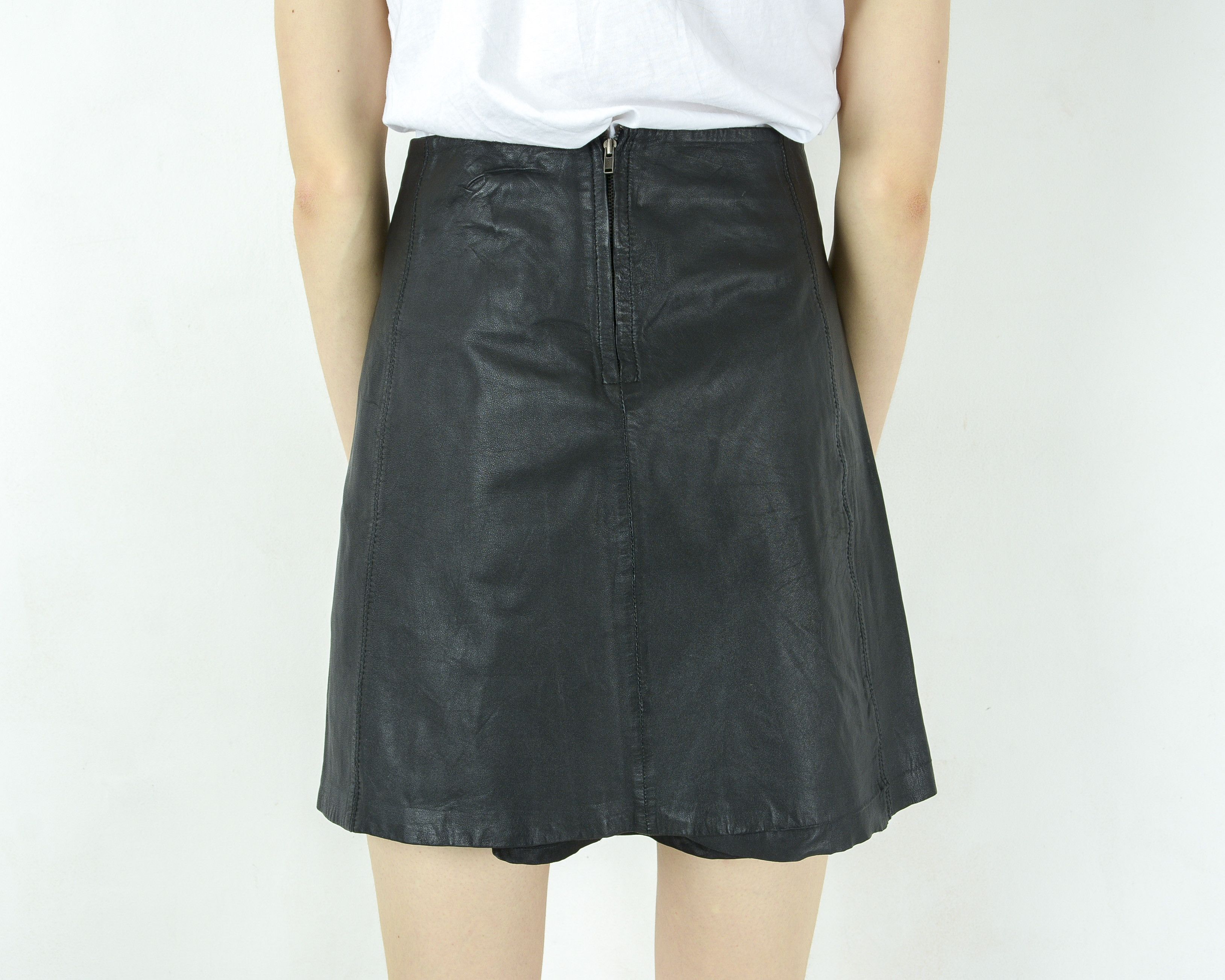 Genuine Leather × Vintage COSTES Genuine Leather Mini Skirt High Waist Black Rocker Size 31" - 6 Thumbnail