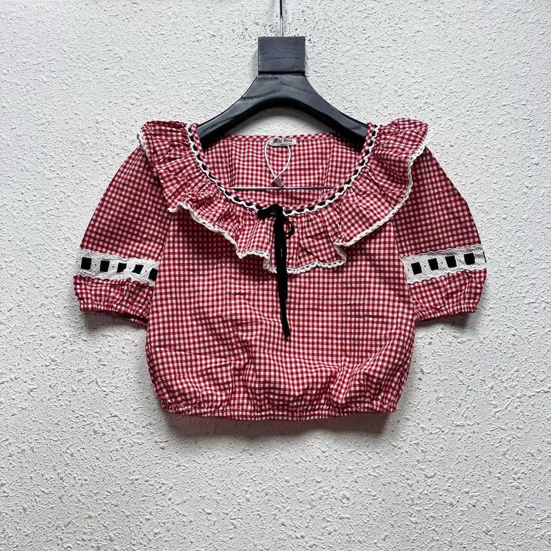 Miu Miu Miu Miu Red Gingham Ruffle Short Sleeve Top 0089 Size ONE SIZE - 1 Thumbnail