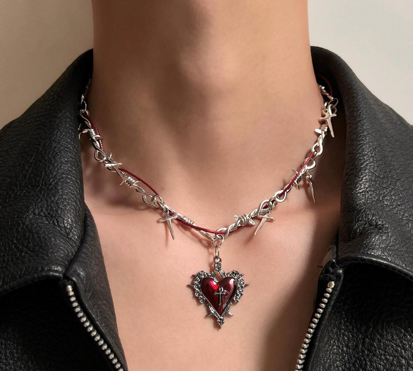 Jewelry Silver Barbed Wire Cross Necklace with Red Heart Pendant Size ONE SIZE - 1 Thumbnail