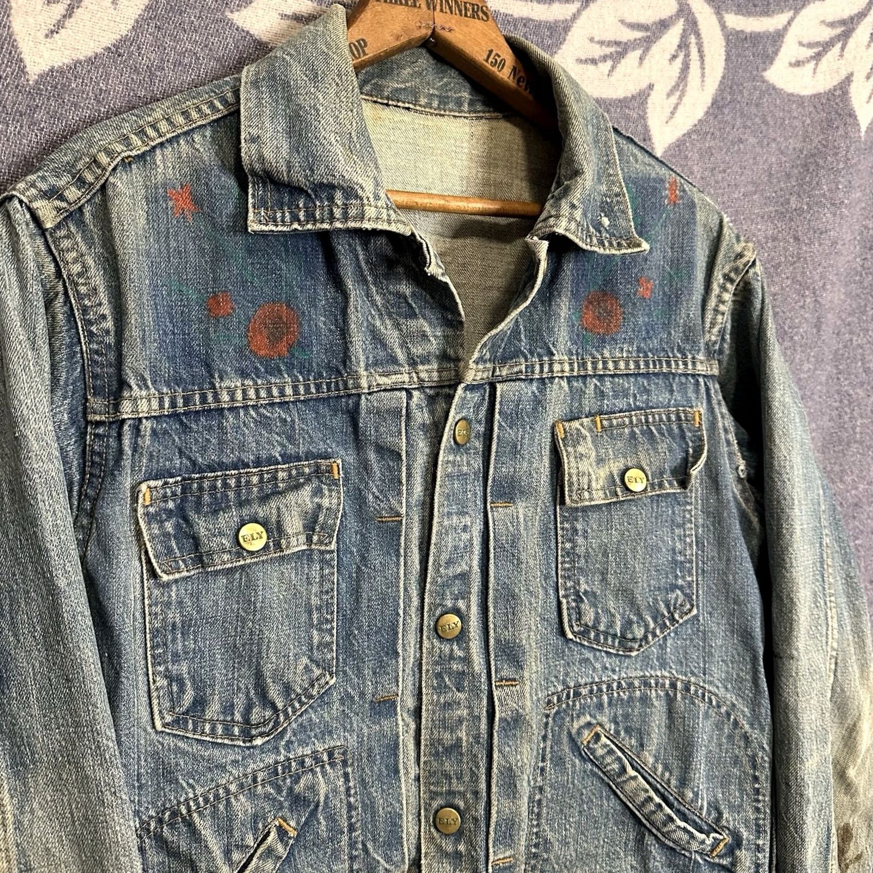 Vintage Vtg Ely Cattleman Denim Jacket M Blue Hand Painted Distressed 60/70s Pleated Look Hippy Womens Jacket Size M / US 6-8 / IT 42-44 - 2 Thumbnail