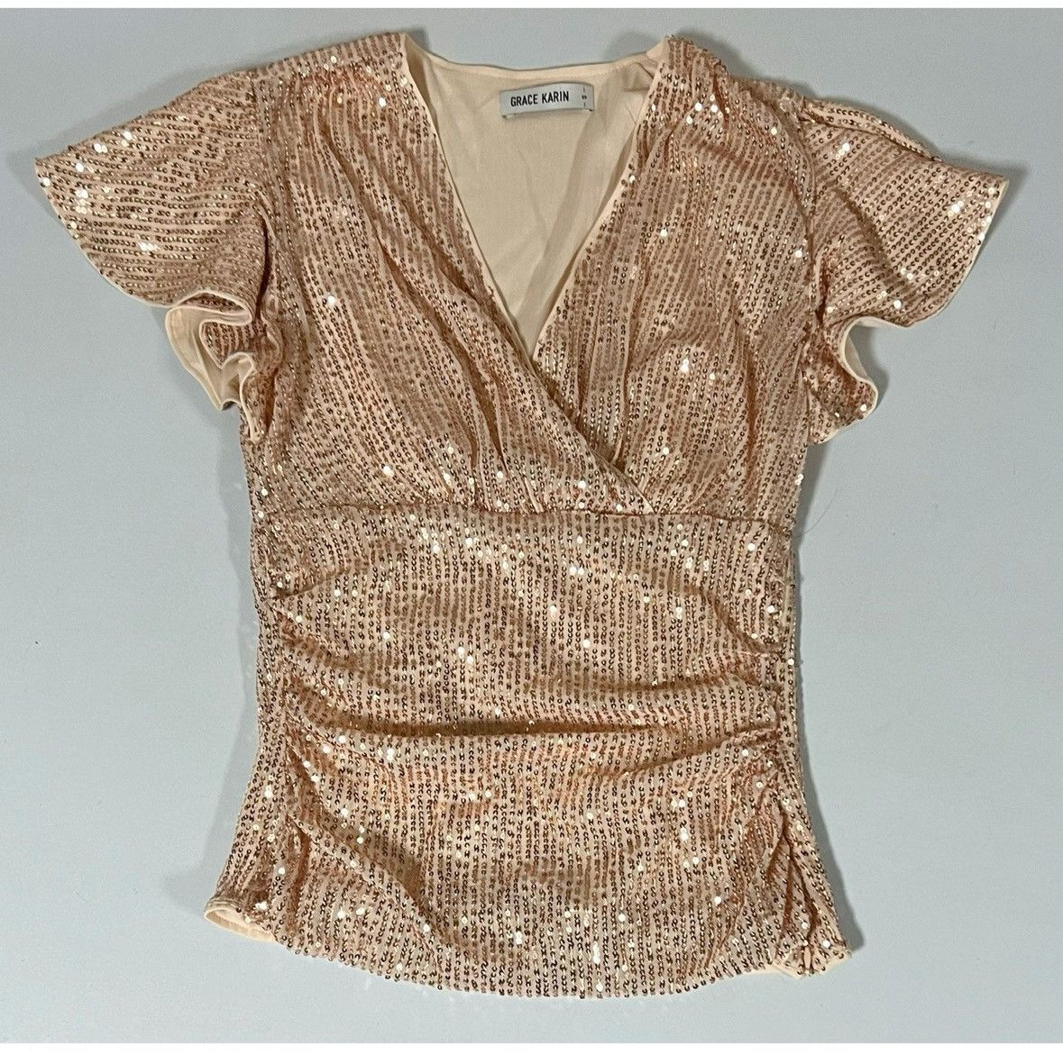 Grace in LA Gold Sequin Ruched Flounce Sleeve Shirt Top Blouse Size S ✨ Size S / US 4 / IT 40 - 2 Thumbnail