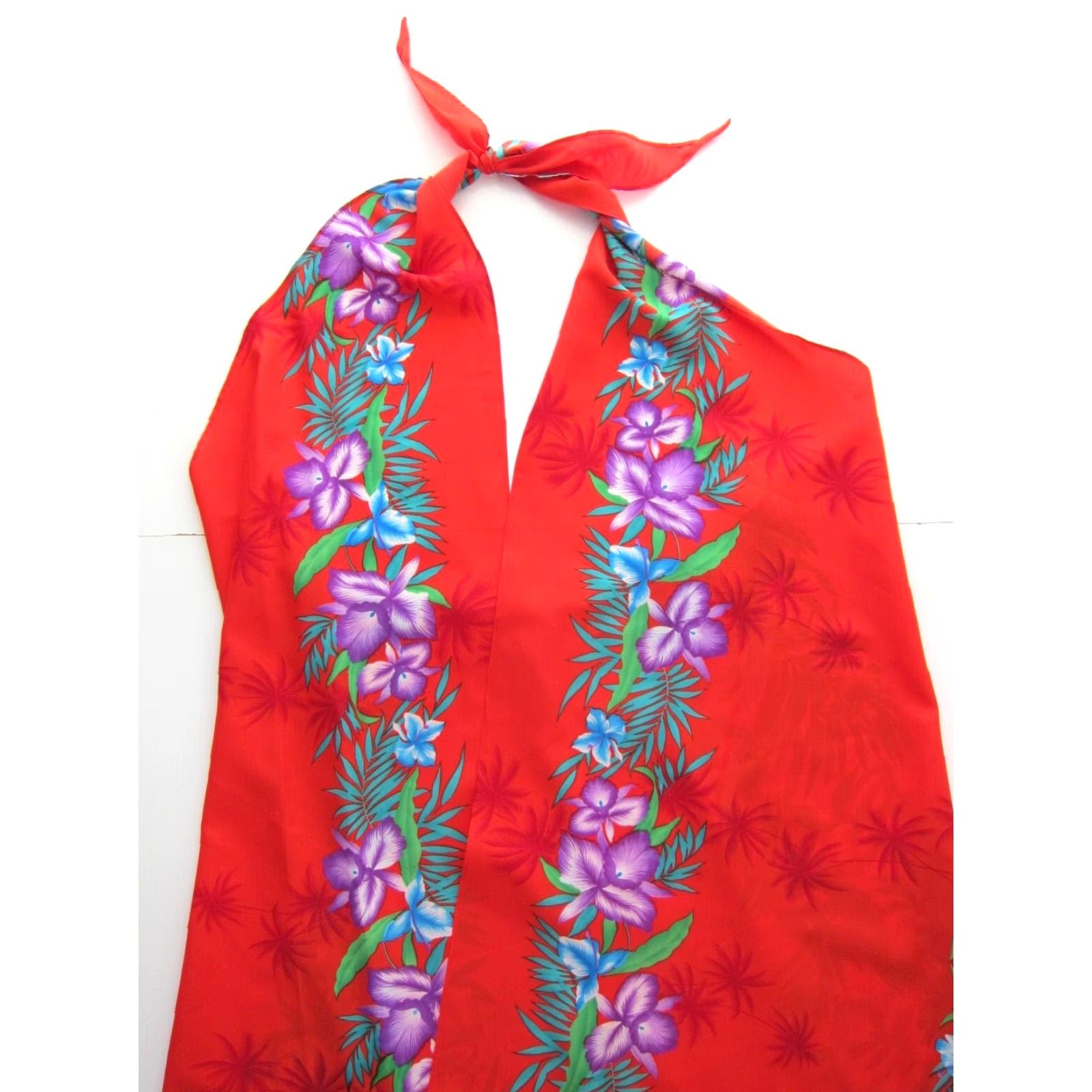 Vintage Vtg Helena's Red Green Purple Hawaiian Floral Long Sarong Wrap Maxi Dress M-L Size M / US 6-8 / IT 42-44 - 3 Thumbnail