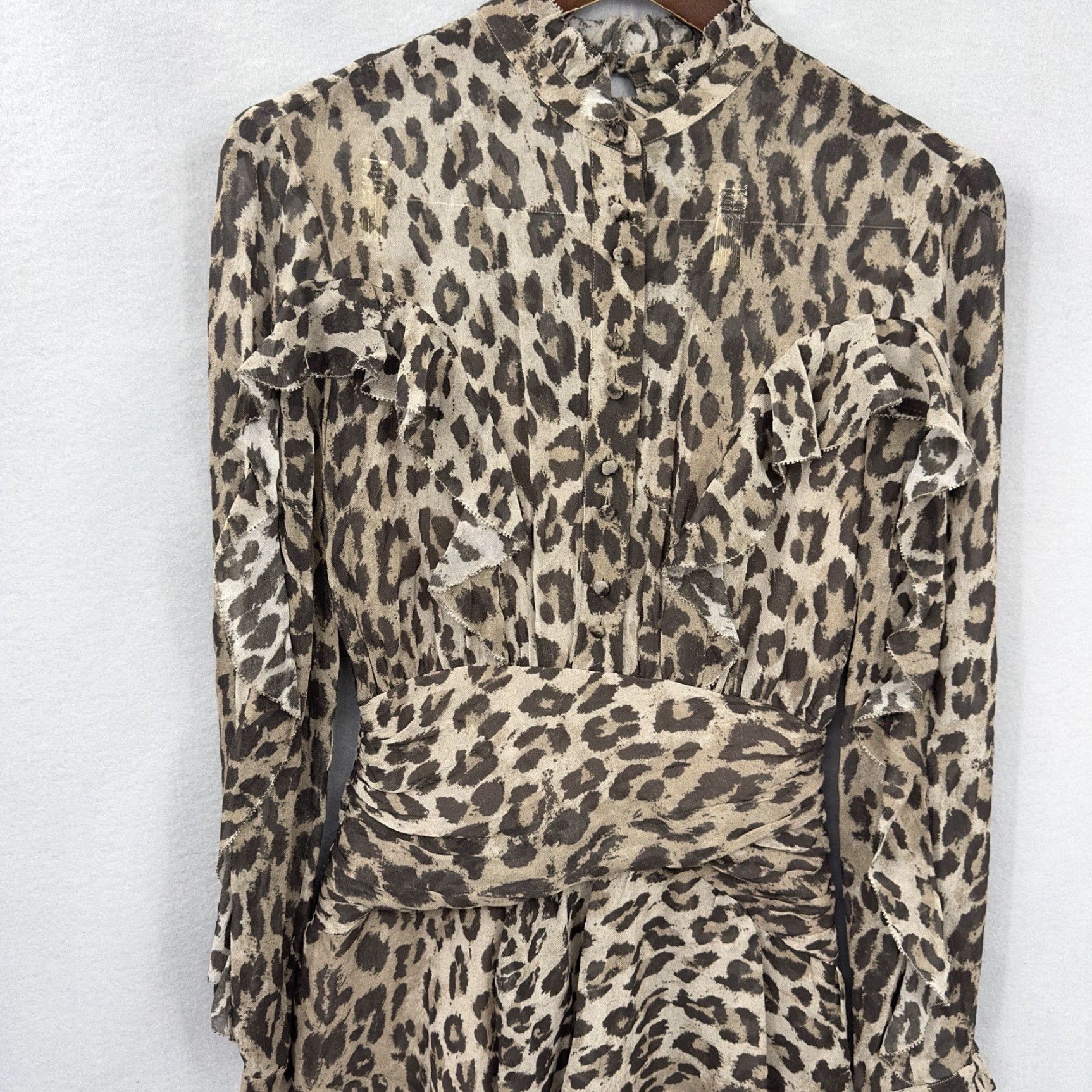 NICHOLAS NICHOLAS Leopard Print Dress Womens Small Short Mini Ruffle Silk Blend Lined Brown Casual Business Party 90s Theme Womens S Size S / US 4 / IT 40 - 3 Thumbnail