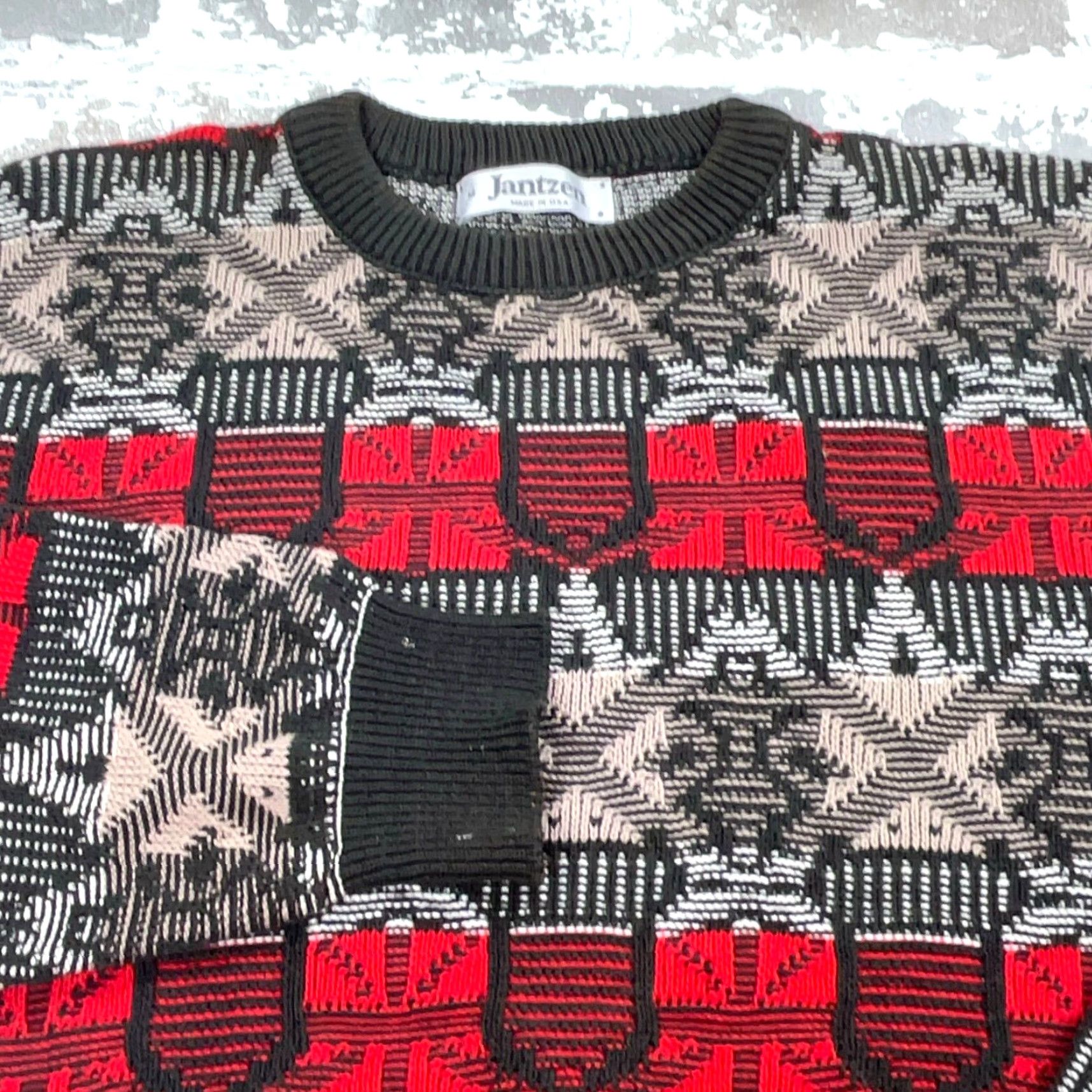 Jantzen VINTAGE Jantzen Sweater Men M Red Gray Heavy Knit Grandpa Nordic Cosby 90s Geometric Knit Style Pullover Crew Neck Wool? Size US M / EU 48-50 / 2 - 2 Thumbnail