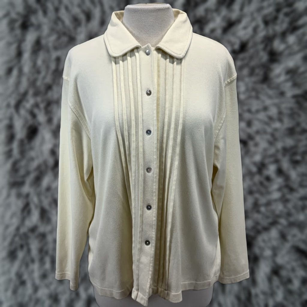 Orvis VINTAGE Orvis Knit Button Up Shirt Large Women’s Ivory Pintuck Pleats 90s Casual Women’s Shirt Size L / US 10 / IT 46 - 1 Thumbnail
