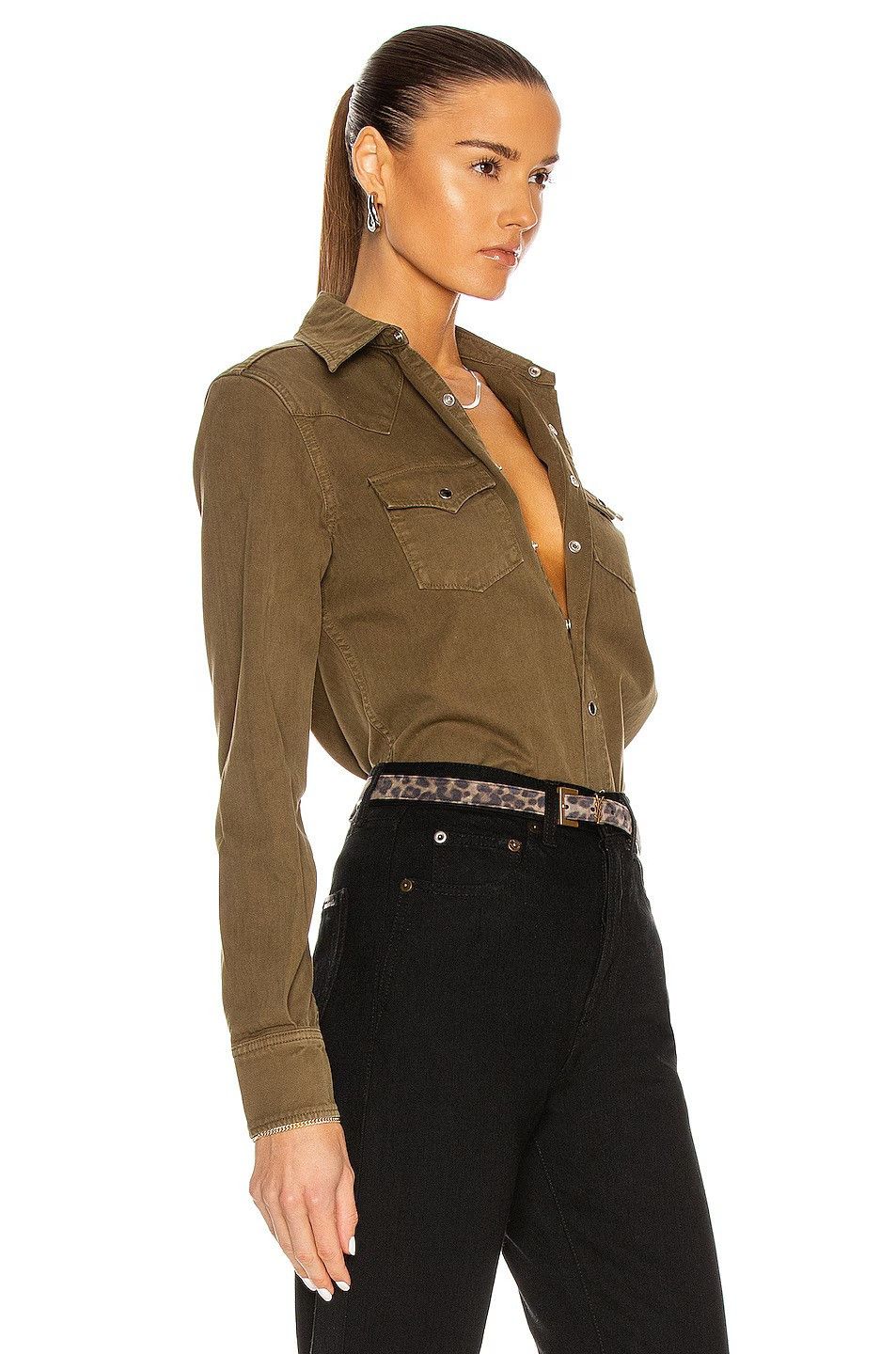 Saint Laurent Paris Khaki Stonewashed Western Yoke Denim Shirt Size XS / US 0-2 / IT 36-38 - 4 Thumbnail