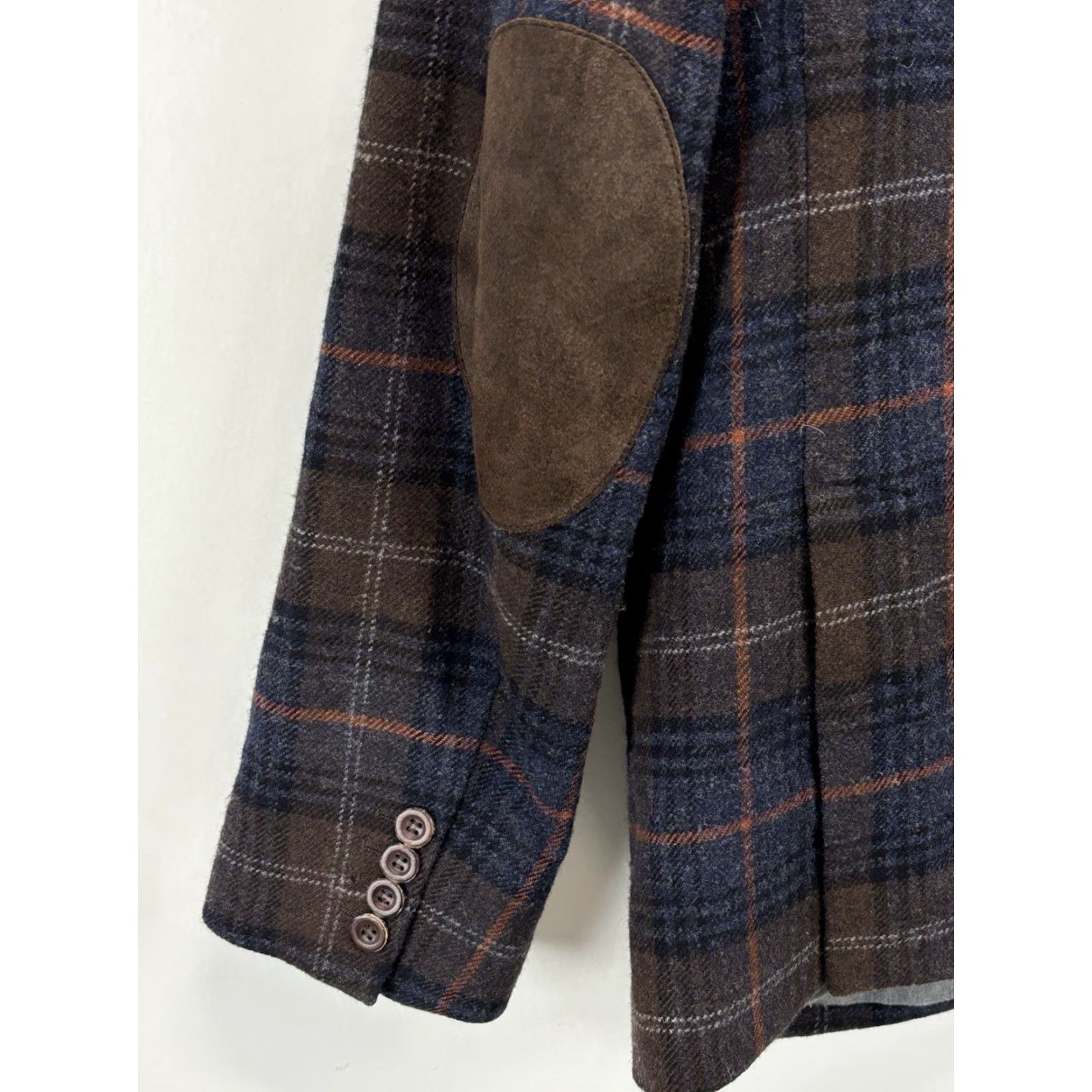 Gazzarrini Gazzarrini Blazer Sports Coat Wool Blend Plaid Brown Men 40R Two-Button Preppy Elbow Patches Italy Mens Size 40R - 4 Thumbnail