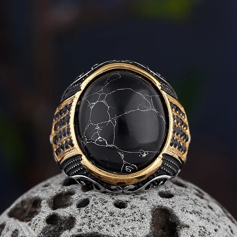 Vintage Gothic Style Black Stone Ring Size ONE SIZE - 4 Thumbnail