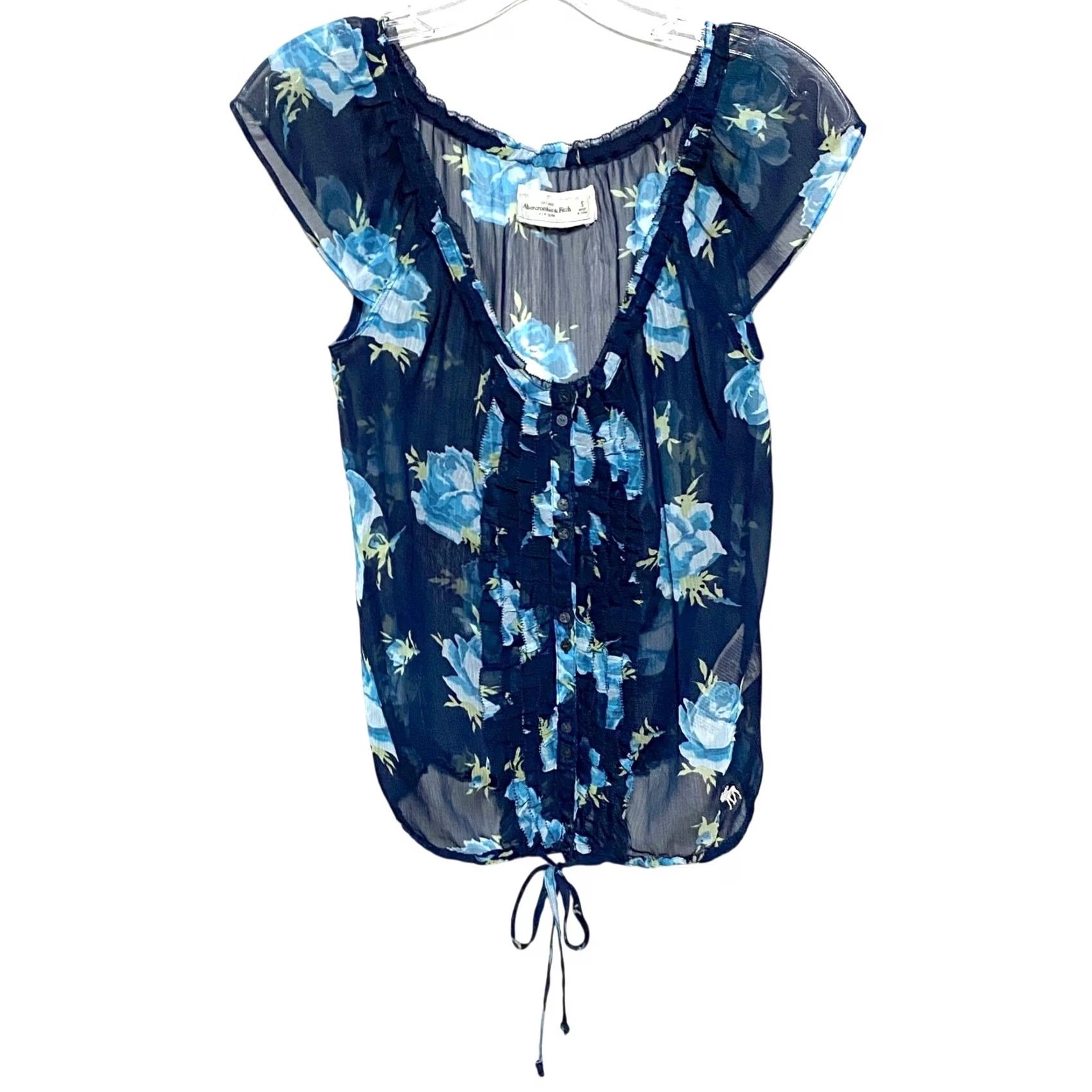 Abercrombie & Fitch Abercrombie Floral Sheer Blouse S Women Blouse Boho Chic Ruffles Y2K Bohemian Coquette 90s Spring Summer Fall Winter, Floral, Blue, XS? Size S / US 4 / IT 40 - 2 Thumbnail