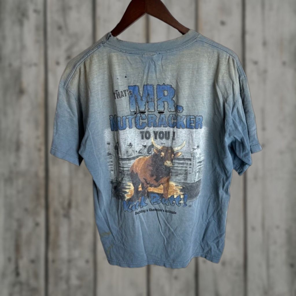 Mr Nutcracker Mens Large Distressed Bull Riding T Shirt Vintage 90s Kick Butt Gear