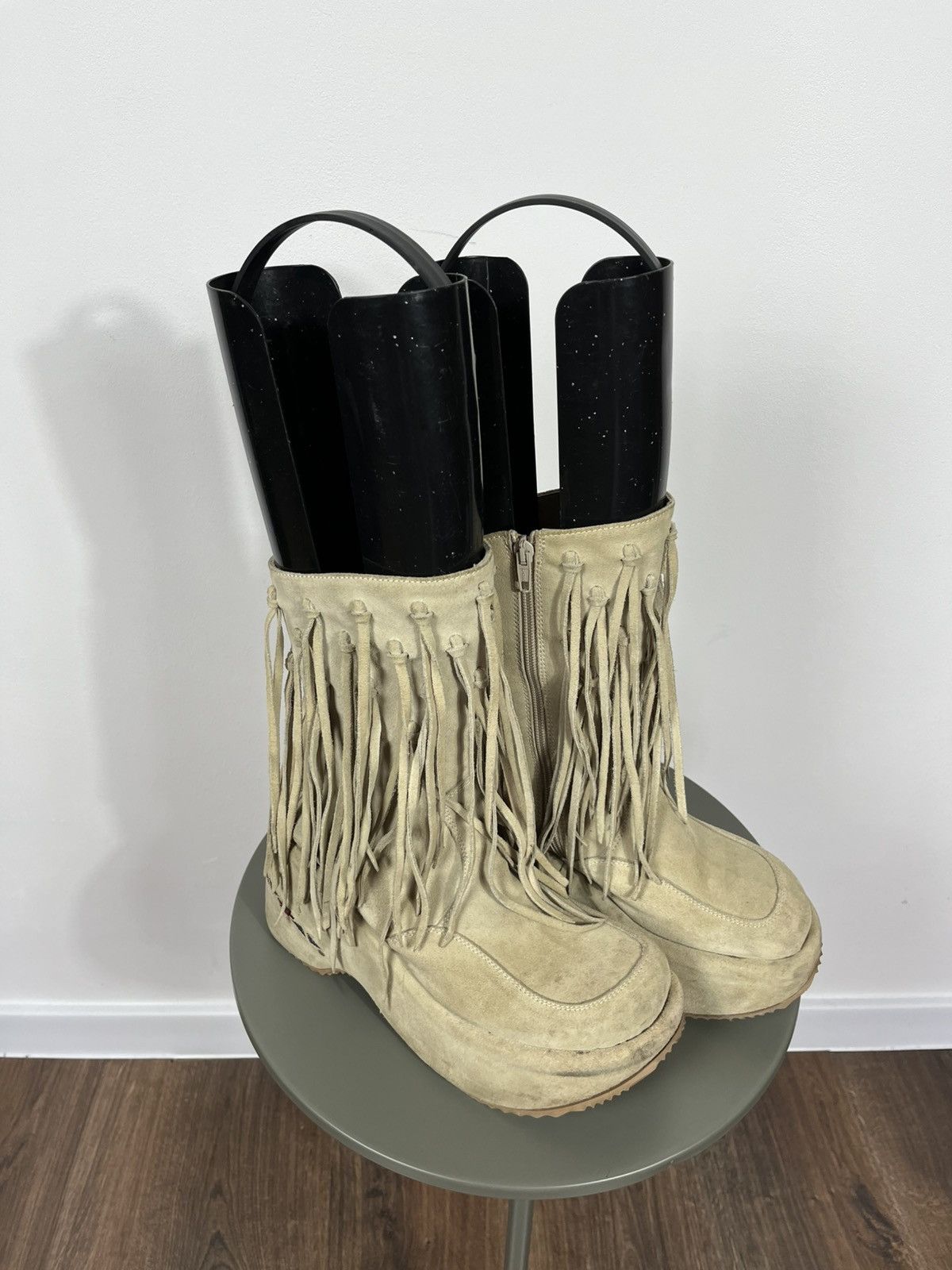 Vintage Beige Suede Fringe Platform Boots with Dangling Details Zip Size US 10 / IT 40 - 8 Thumbnail