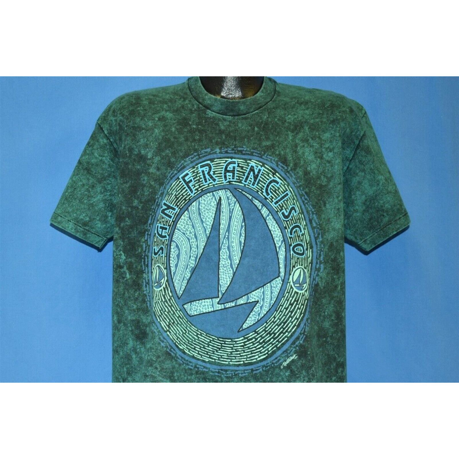 image of Vintage VTG 90's San Francisco California Sailboat Green Acid Wash Yesterdays T-Shirt XL in White