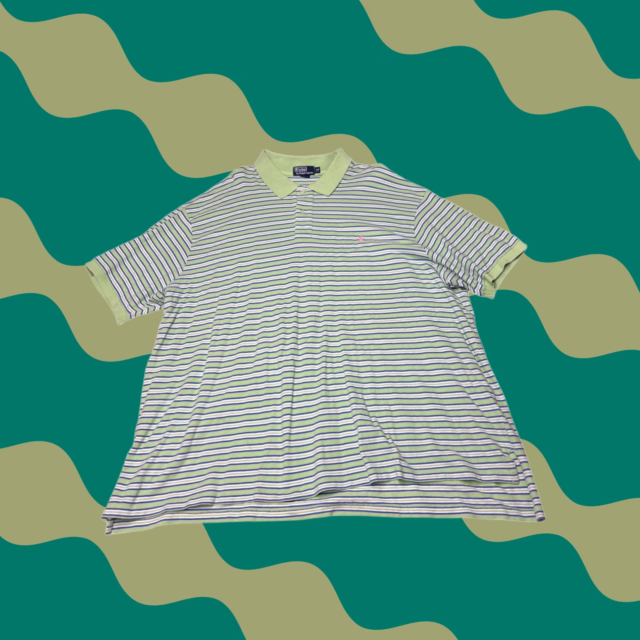 Polo Ralph Lauren Polo Ralph Lauren Polo Shirt Mens 4XB Big & Tall Striped Cotton Pique Green Blue White with Pink Pony Logo Shirt Size US XXL / EU 58 / 5 - 1 Thumbnail