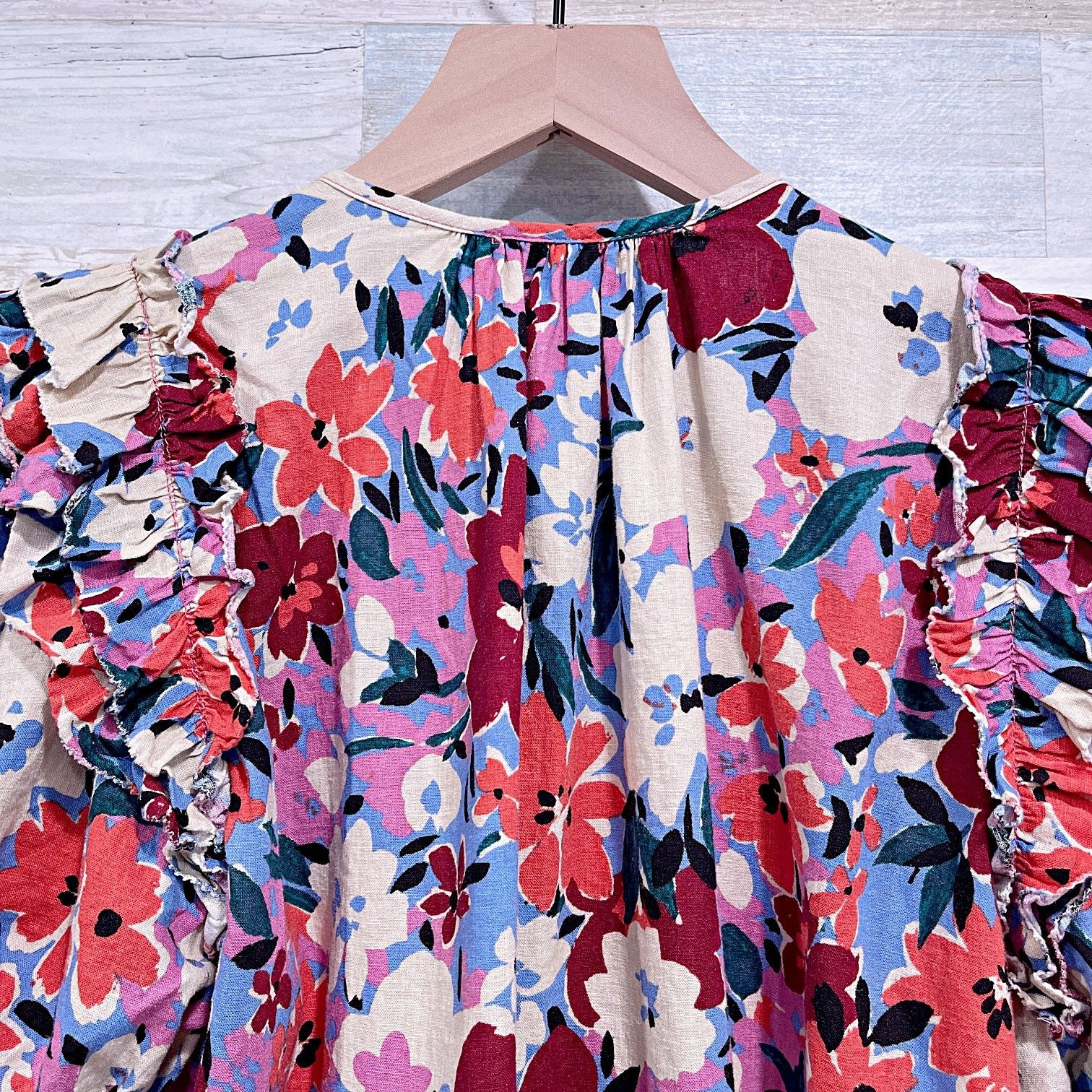Other KARLIE Linen Floral V Neck Ruffle Top Pink Half Sleeve Med Size M / US 6-8 / IT 42-44 - 4 Thumbnail