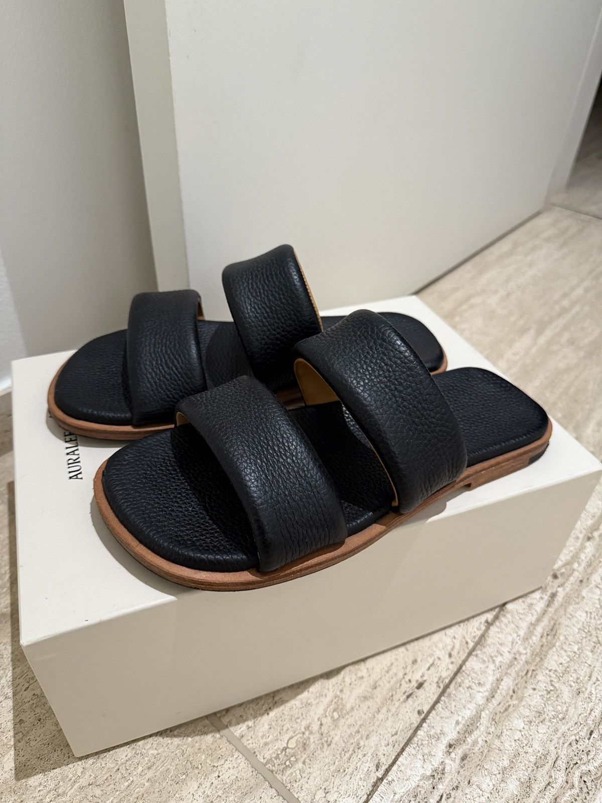Auralee Auralee Black Grained Leather Sandals Slippers Size US 9 / EU 42 - 1 Thumbnail