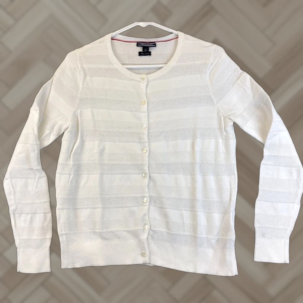 Tommy Hilfiger Tommy Hilfiger Women's Large White Pima Cotton Long Sleeve Pullover Sweater Lightweight Casual Size L / US 10 / IT 46 - 1 Thumbnail