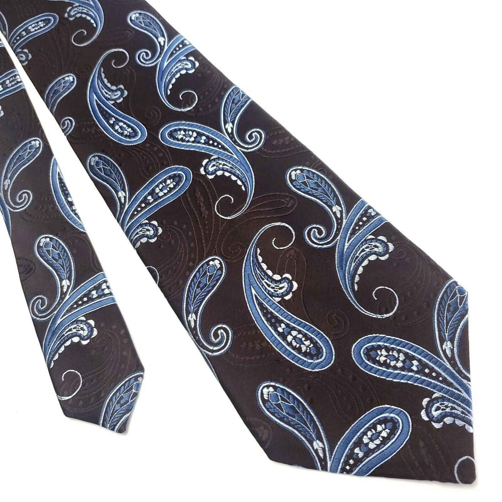Van Heusen Van Heusen Brown Blue Silk Tie Woven Paisley Wide Size ONE SIZE - 1 Thumbnail