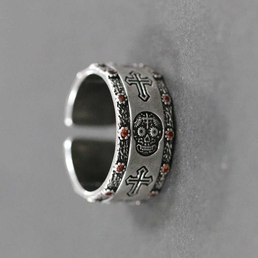 Japanese Brand Retro Cross Skull Red Crystal Ring Size ONE SIZE - 1 Thumbnail