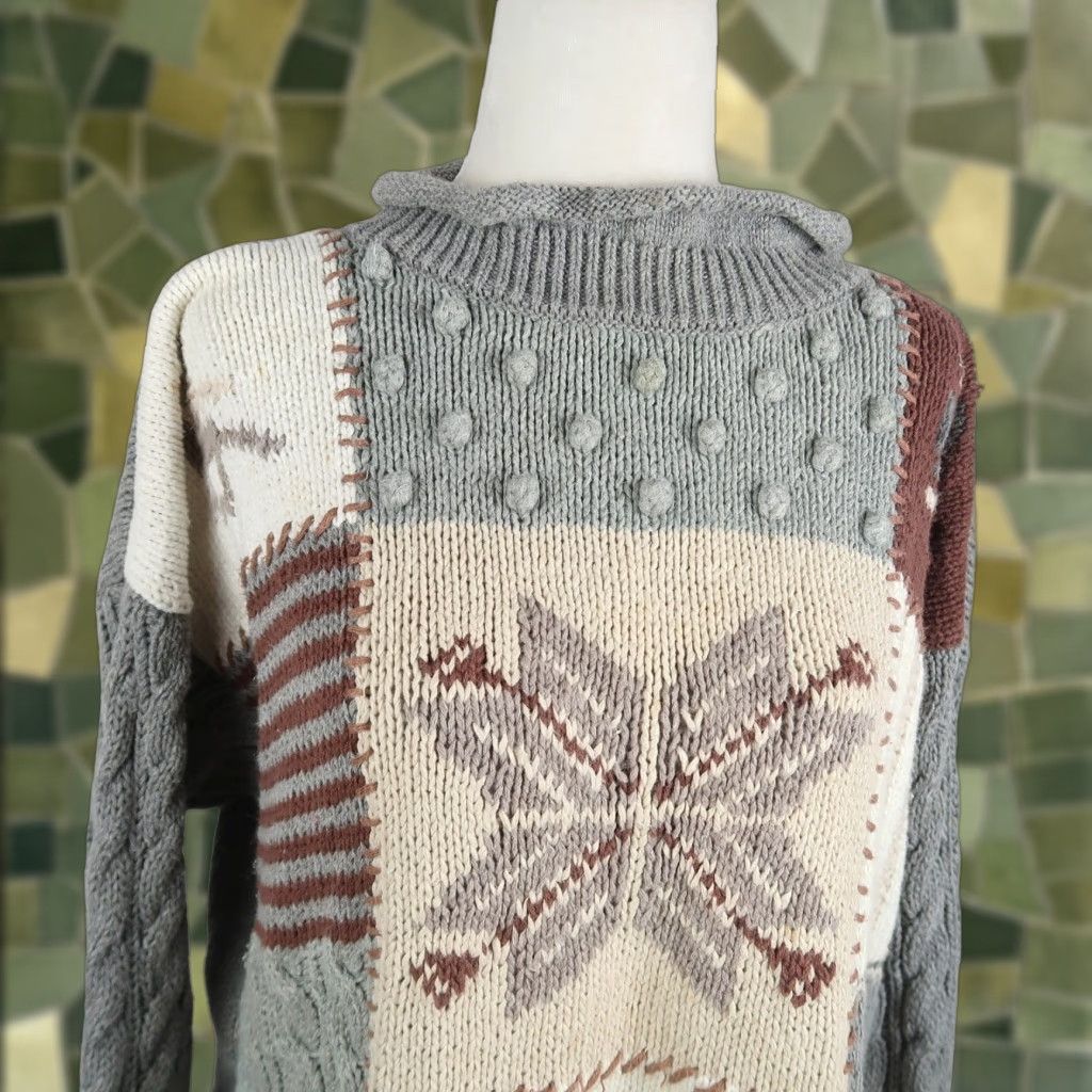 Vintage VINTAGE 90s Snowflake Patchwork Rollneck Sweater L Women Gray Brown Wool? No, Cotton Ramie Knit Pullover Size L / US 10 / IT 46 - 1 Thumbnail