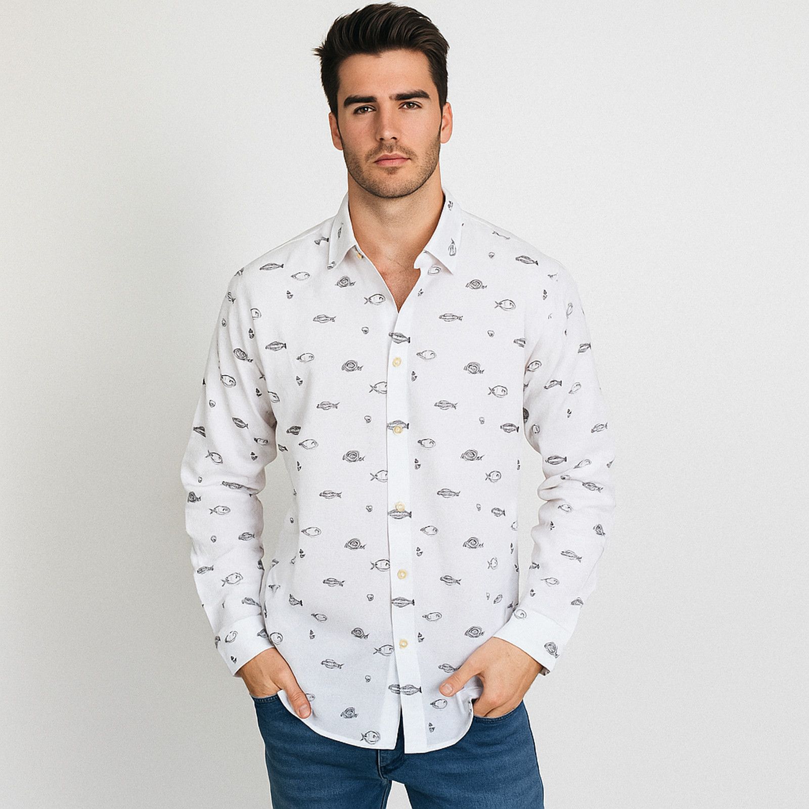 Paul Smith Large White fish Embroidered Button up Shirt