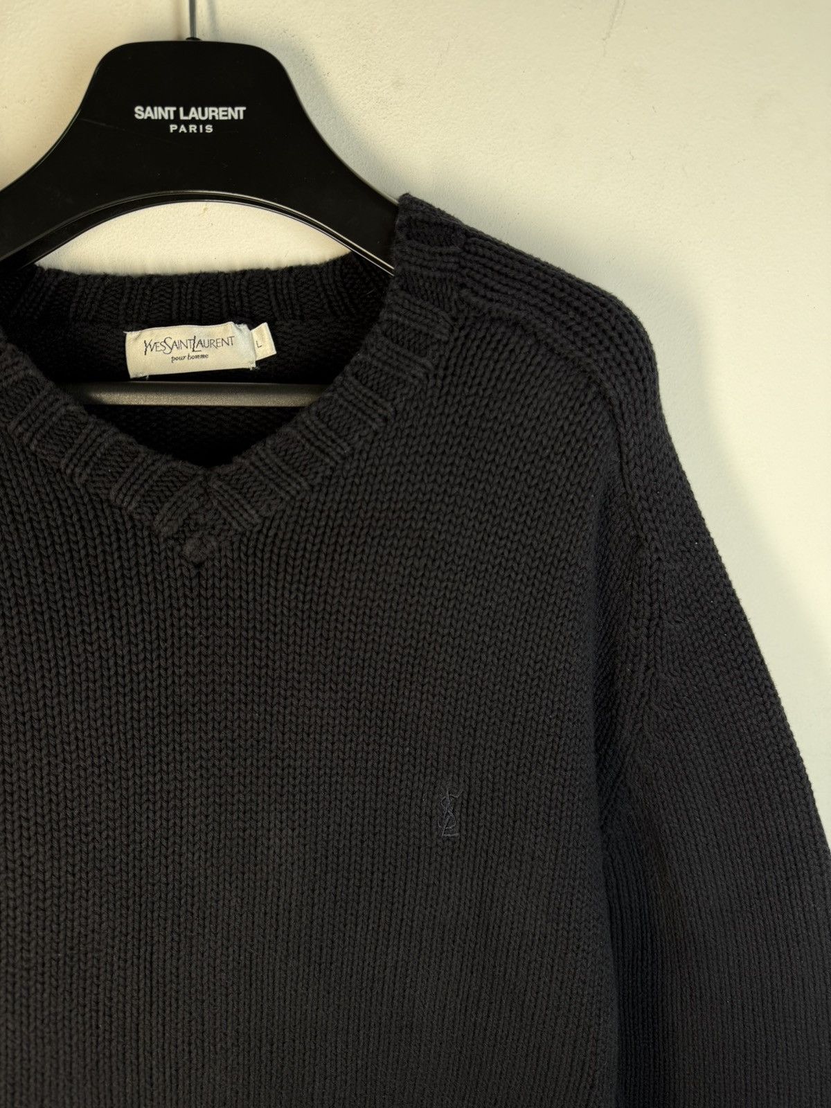 Yves Saint Laurent Heavy YSL Sweater Knit Thick V-neck Navy/Grey YSL Sweatshirt Size US L / EU 52-54 / 3 - 3 Thumbnail