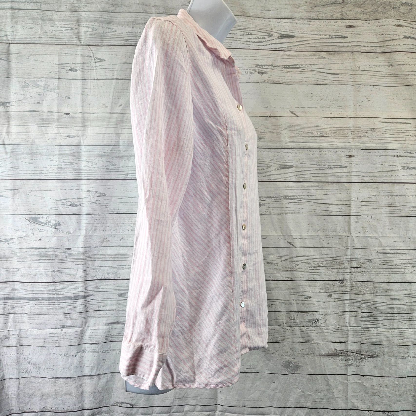 J. Jill J. Jill Love Linen Button-Up Shirt PS Petite Pink White Stripe Womens Shirt Women Petite Small Linen Striped Button-Up Long Sleeve Collared Size S / US 4 / IT 40 - 3 Thumbnail