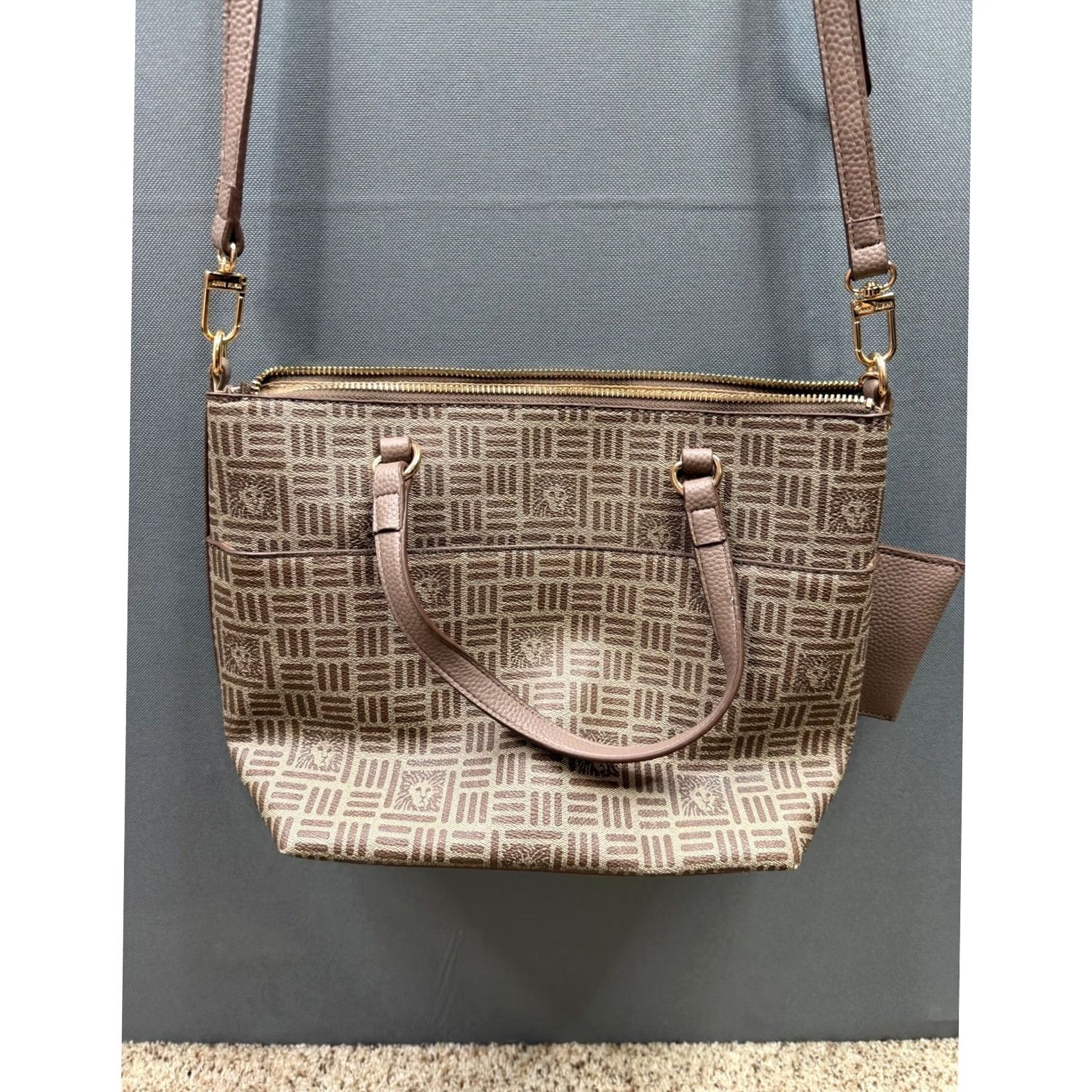 Anne Klein Anne Klein Crossbody Tote Bag Womens Taupe Brown Monogram Lion Head Pouch OS Size ONE SIZE - 6 Thumbnail