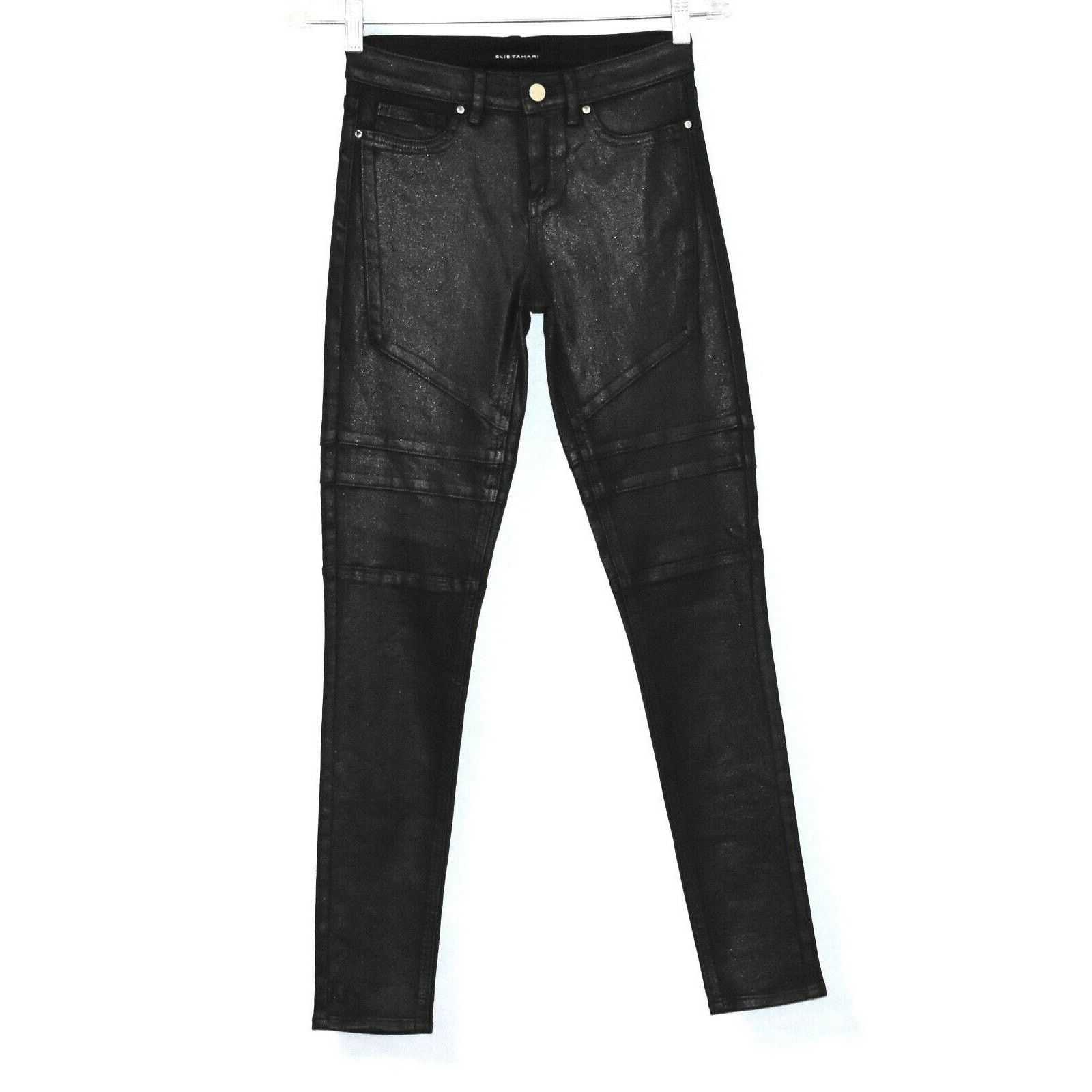 Elie Tahari B0 NWT ELIE TAHARI Black Coated Azella Moto Jeans Sz 24 $248 Size 24" / US 00 / IT 34 - 2 Thumbnail