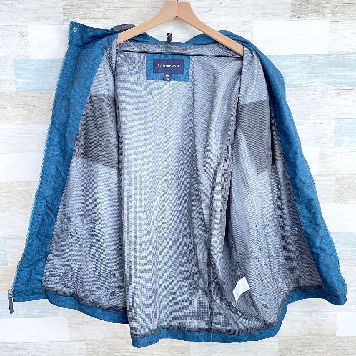 Lands' End Lands End Hooded Rain Jacket Blue Aztec Print Mens XXL Size US XXL / EU 58 / 5 - 3 Thumbnail