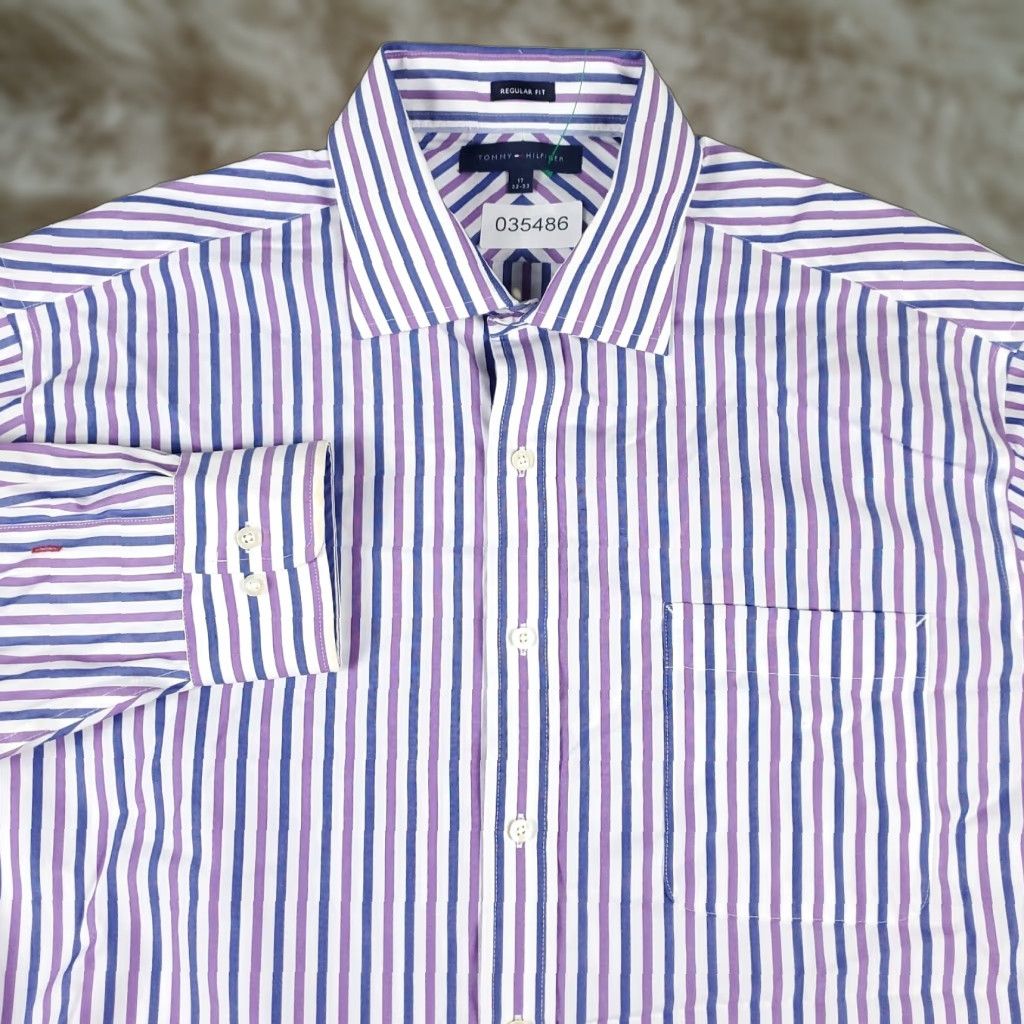 Tommy Hilfiger Tommy Hilfiger Shirt Mens 17 Purple Striped Dress Button Up Long Sleeve Shirt Size 46R - 1 Thumbnail