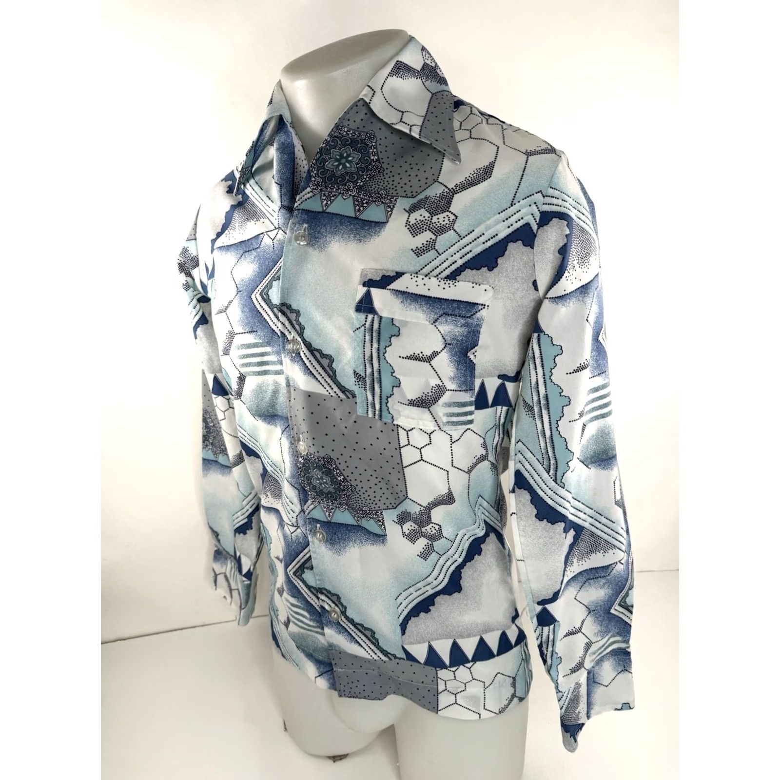 Vintage JOEL CALIFORNIA Vintage Disco Butterfly Collar Geometric Sky Shirt Mens S Blue EXCELLENT Size US S / EU 44-46 / 1 - 4 Thumbnail