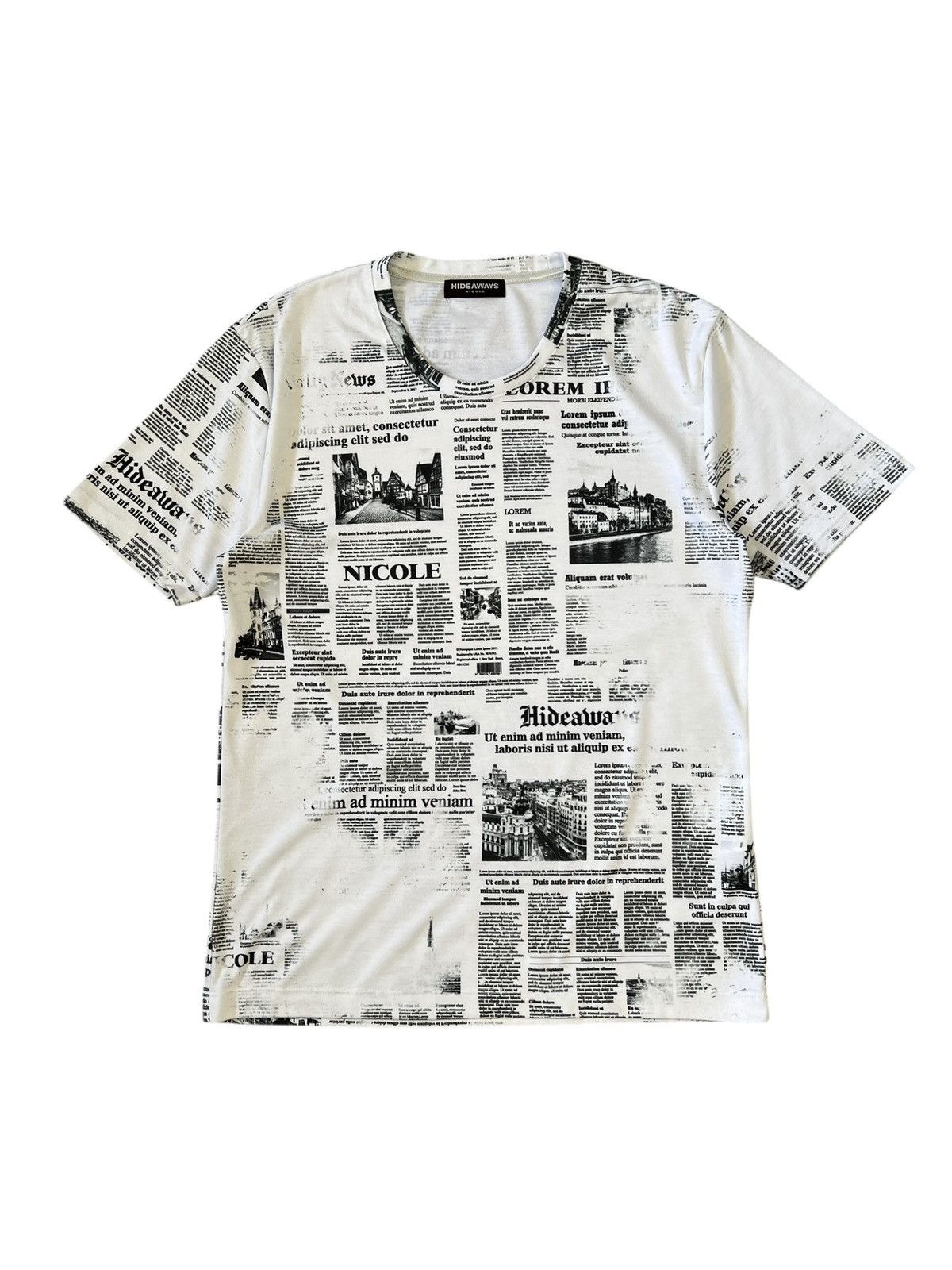 HIDEAWAYS × Japanese Brand × Nicole Club Hideaways Nicole Newspaper Print T-shirt Galliano Size US M / EU 48-50 / 2 - 1 Thumbnail