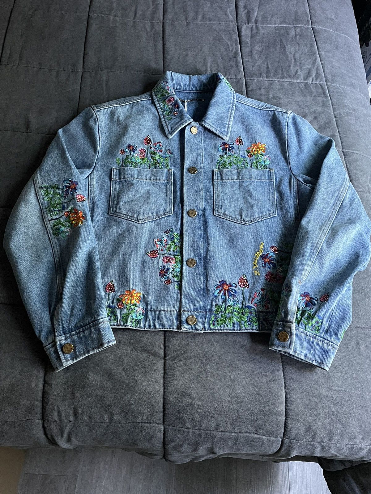 image of Louis Vuitton Floral Embroidered Denim Jacket in Blue, Men's (Size Medium)