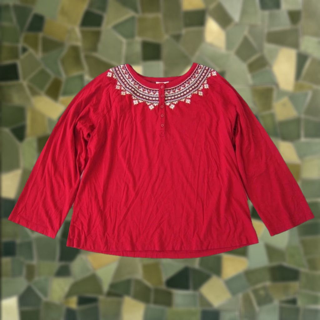 J. Jill VINTAGE J.Jill Embroidered Red Long Sleeve Blouse Women XL Cotton Rayon T-Shirt Style Tunic Shirt Size XL / US 12-14 / IT 48-50 - 1 Thumbnail
