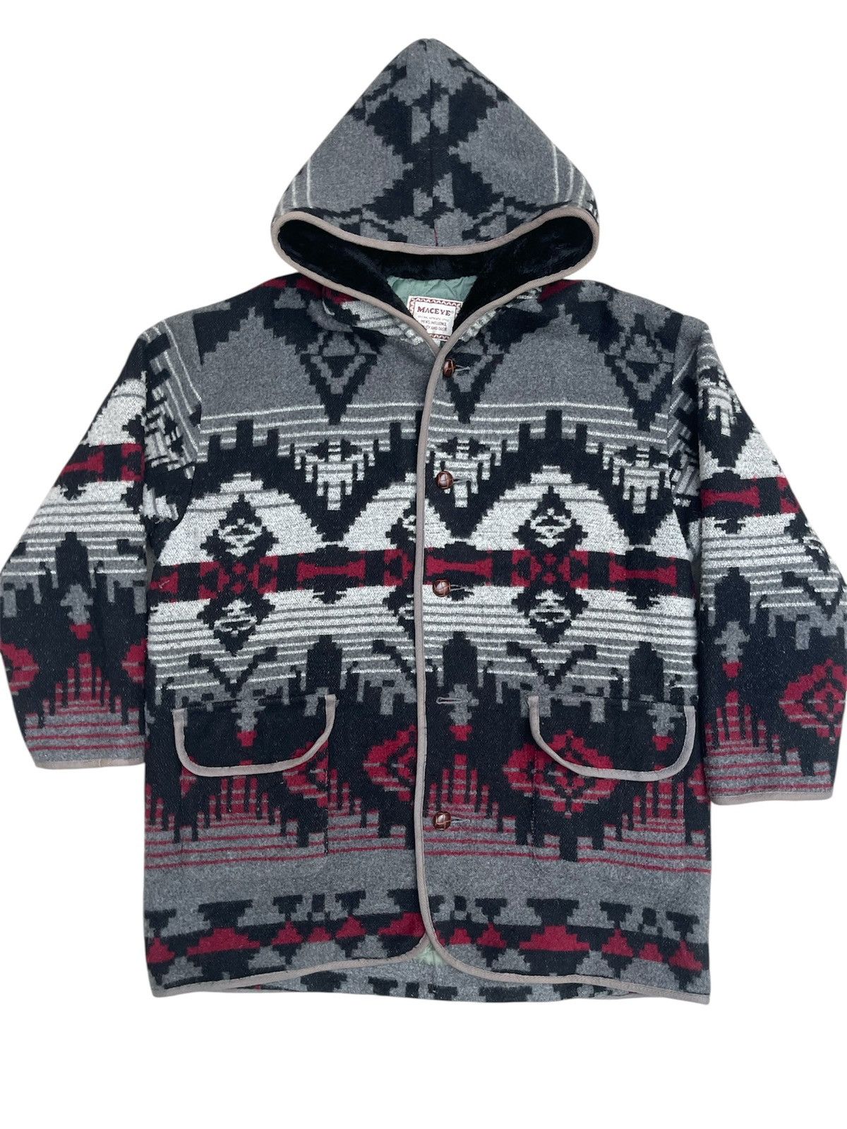 Handmade Vintage 90s MACEYE Wool Hood Tribal Pattern Jacket - Size L Size US L / EU 52-54 / 3 - 1 Thumbnail