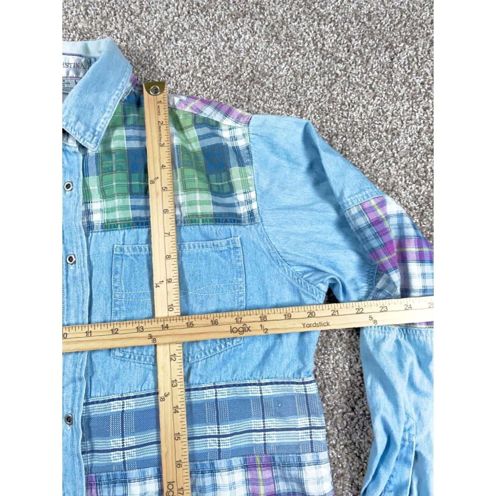Vintage VINTAGE 90s Cristina Denim Plaid Patchwork Shirt Women's Medium Light Blue Casual Long Sleeve Button-Up Size L / US 10 / IT 46 - 7 Thumbnail