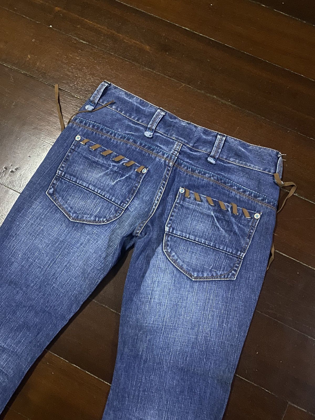 If Six Was Nine × Le Grande Bleu (L.G.B.) × Tornado Mart Flare Jeans Back Number Distress Faded Denim Bootcut Y2k Size 33" - 14 Thumbnail