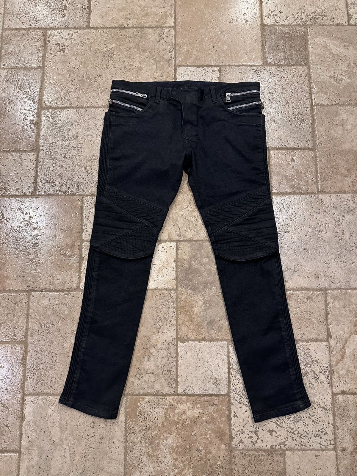 Balmain Balmain Double Zip Black Coated Cargo Biker Pants | Grailed