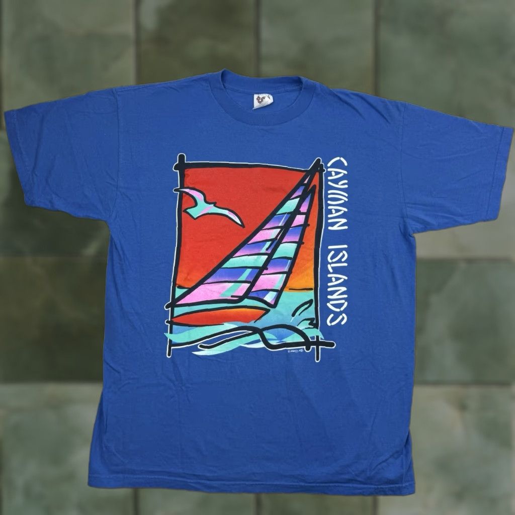 Vintage VINTAGE Cayman Islands T Shirt Adult XL Sailboat Ocean Sea 90s Beach Nautical Travel Mens XL Blue Graphic Print Size US XL / EU 56 / 4 - 1 Thumbnail
