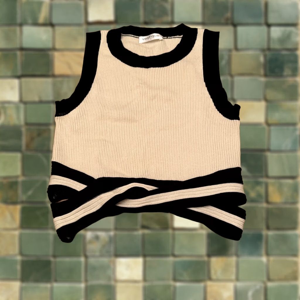 Vintage Vestique Drift Knit Tank Top S Beige Cropped Knit Ribbed Crop Cutouts Knot Detail Women Tank S Velvet Black Womens Size S / US 4 / IT 40 - 1 Thumbnail