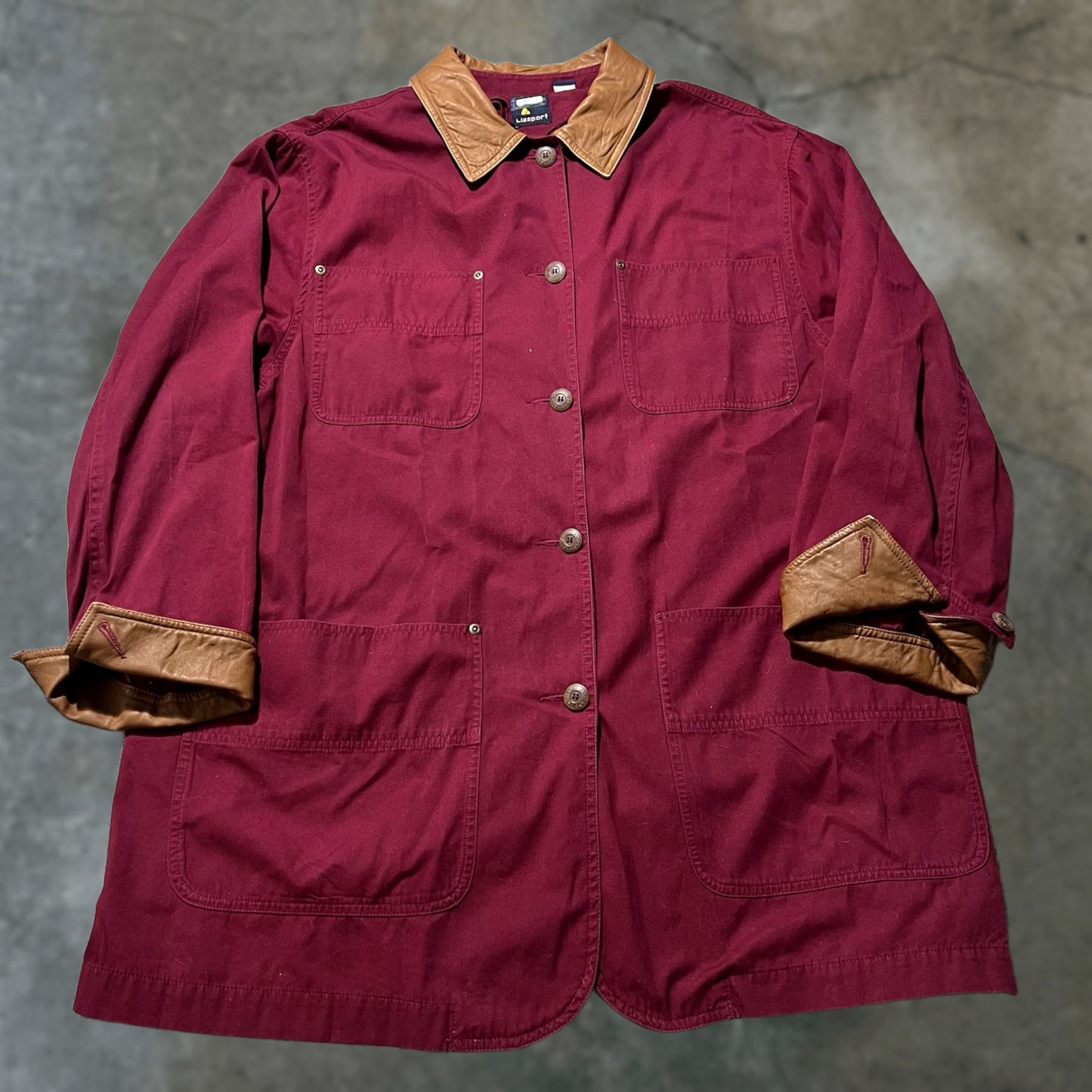 VINTAGE Lizsport Jacket Woman Twill Leather Collar Cuffs Button Front Pockets Fall Spring Winter Red L Urban Basic Chore Coat