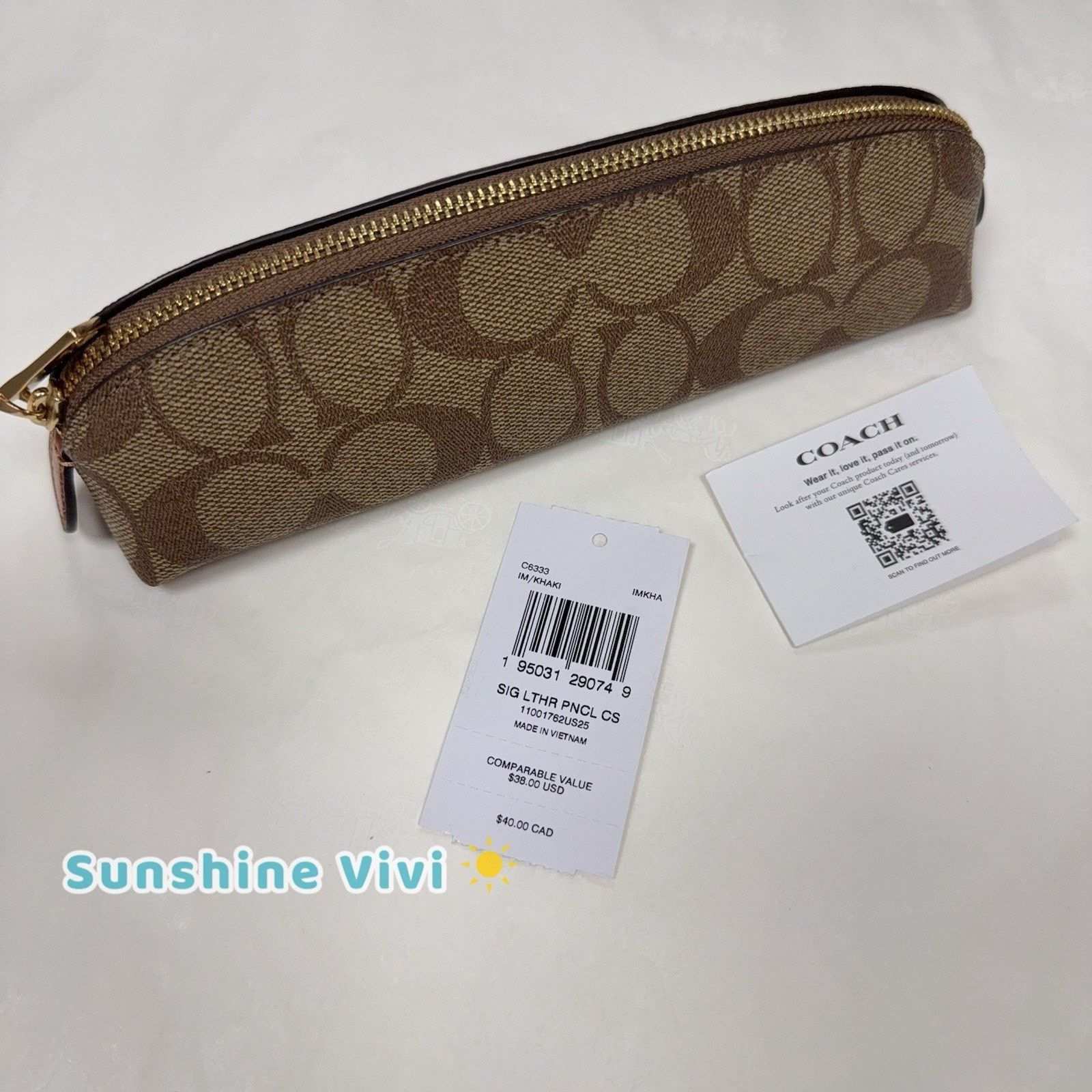Coach NWT Coach Pencil Case Cosmetic Signature Canvas C6333 Khaki Size ONE SIZE - 1 Thumbnail