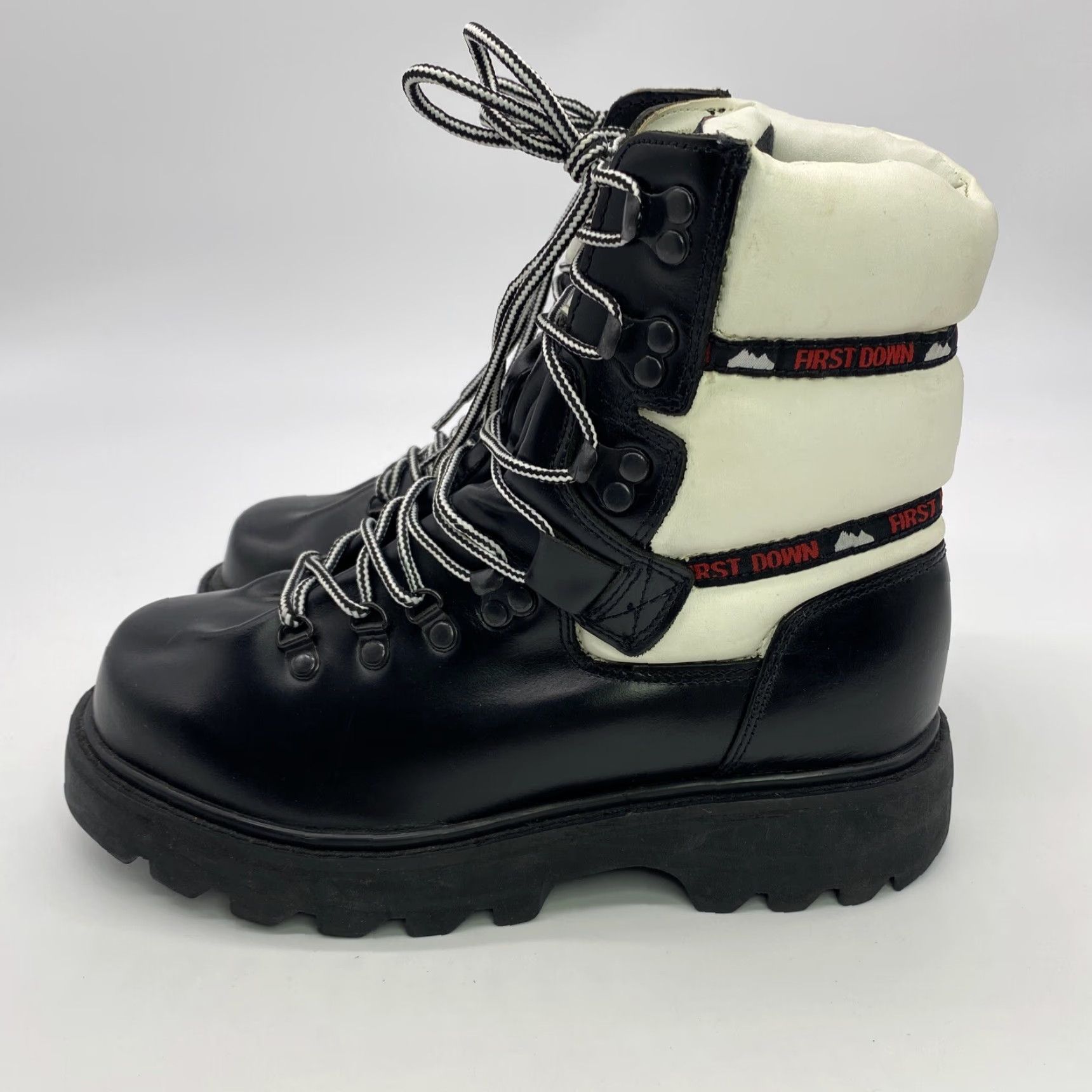 Vintage VINTAGE FIRST DOWN Mens Boots Leather Black White Moon-Style 1990s 8.5M, Military/Landgirl Look, Rare Down to Hype Rave/Club Shoes Size US 8.5 / EU 41-42 - 5 Thumbnail