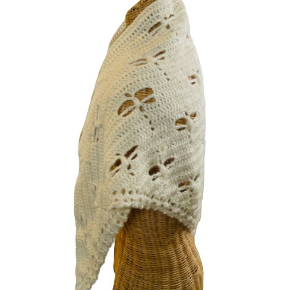 Handmade Crochet Shawl Cowl Wrap Dragonfly Cut Outs Off White 67" x 3 Size ONE SIZE - 5 Thumbnail