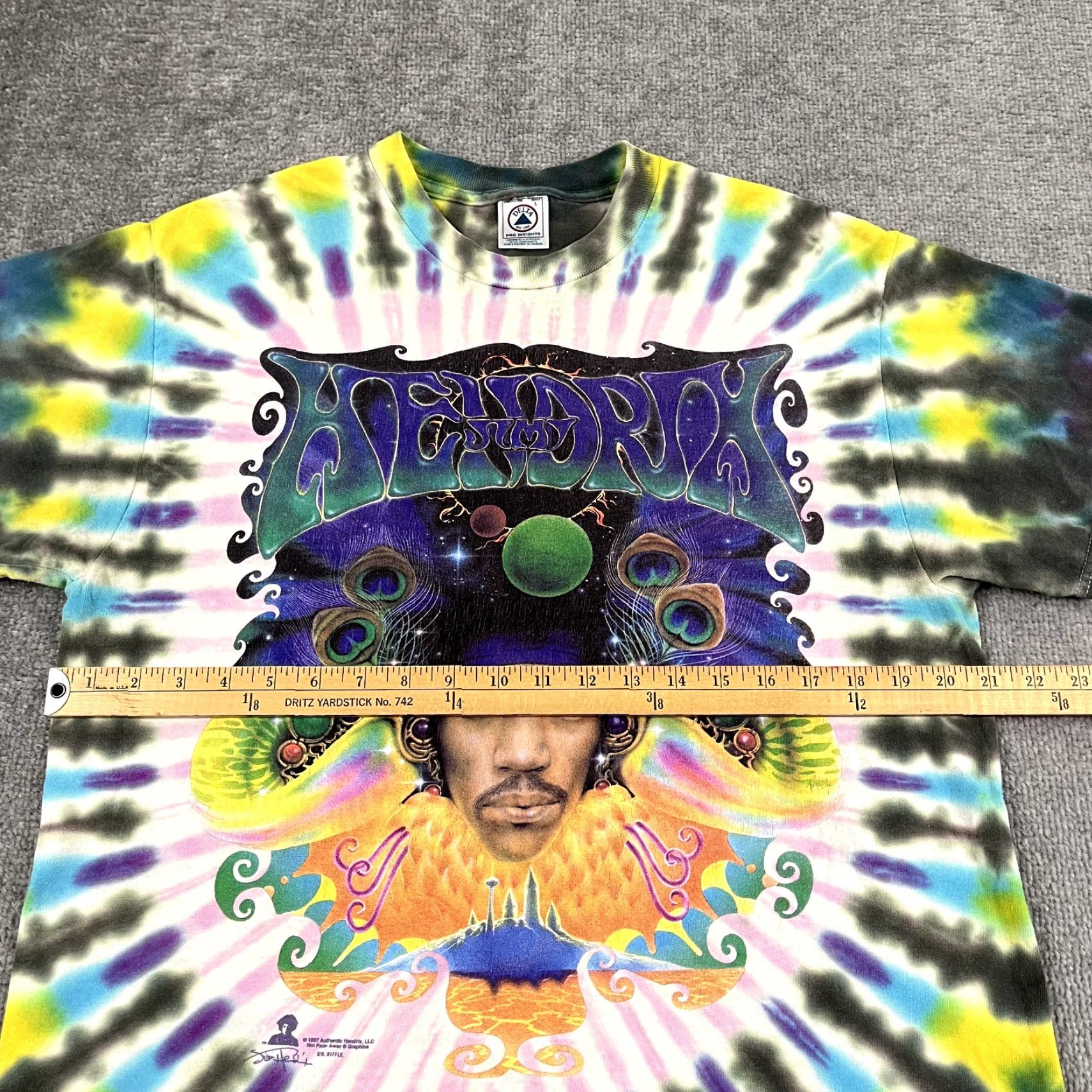 Delta VINTAGE JIMI HENDRIX Shirt Mens L Tie Dye Graphic Tee AOP All Over 90s 1997 Shirt Graphic Print Men T-Shirt Delta Pro Weight 90s Music Size US L / EU 52-54 / 3 - 6 Thumbnail