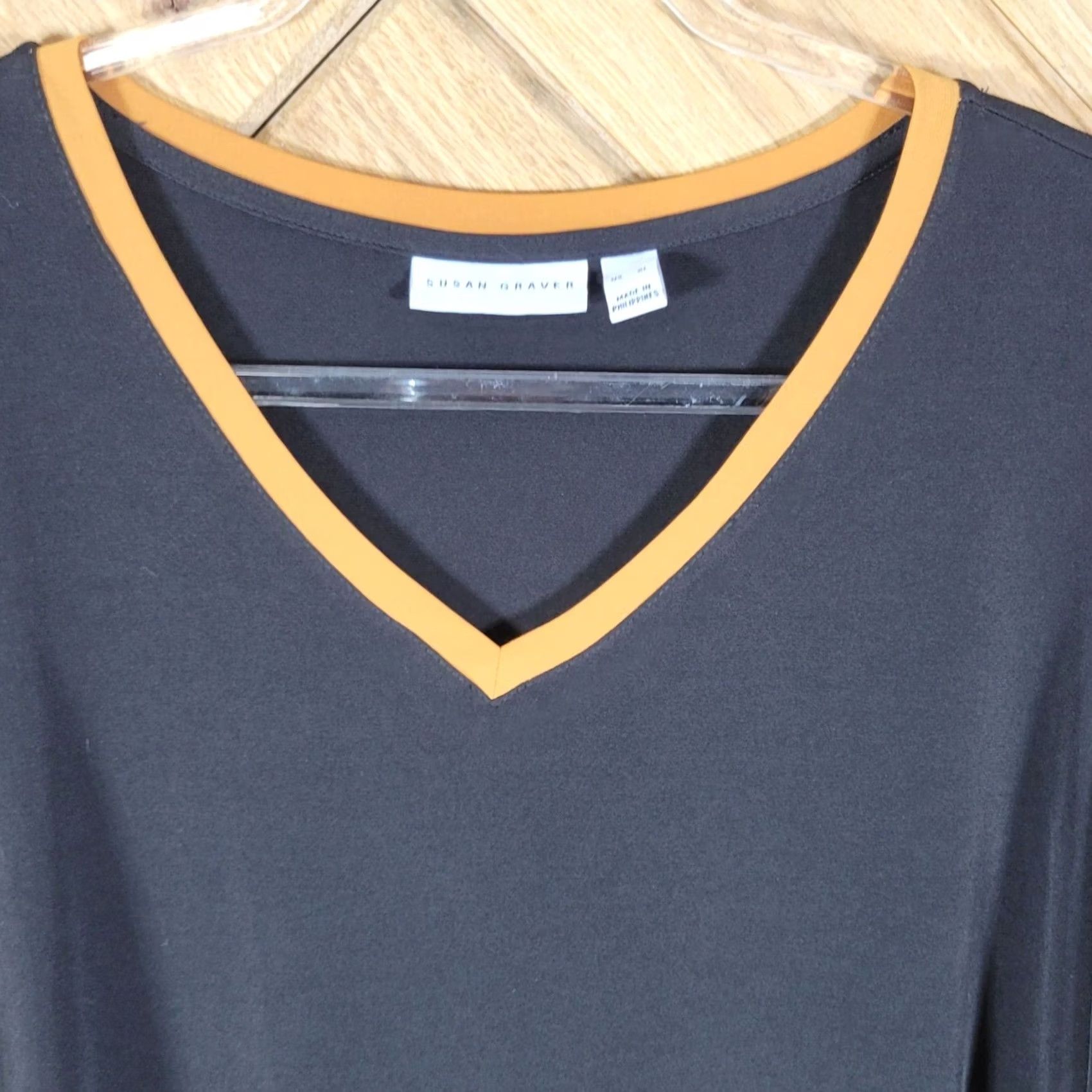 Vintage Susan Graver Tunic Blouse V-Neck Womens XL Black Brown Trim Shirt Dressy Size XL / US 12-14 / IT 48-50 - 2 Thumbnail